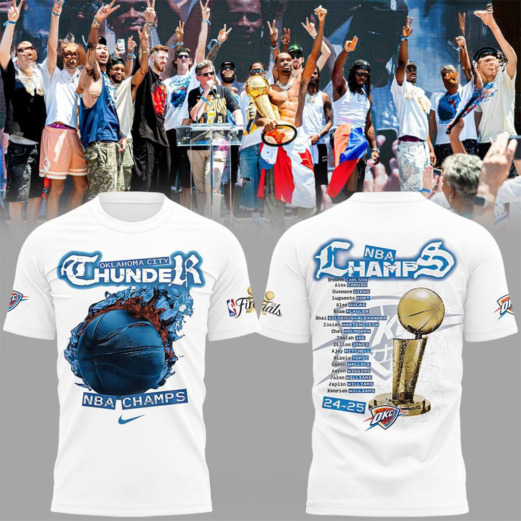Oklahoma City Thunder 2025 NBA Champs Celebration White T-Shirt OKC Merch Fans Gifts-1