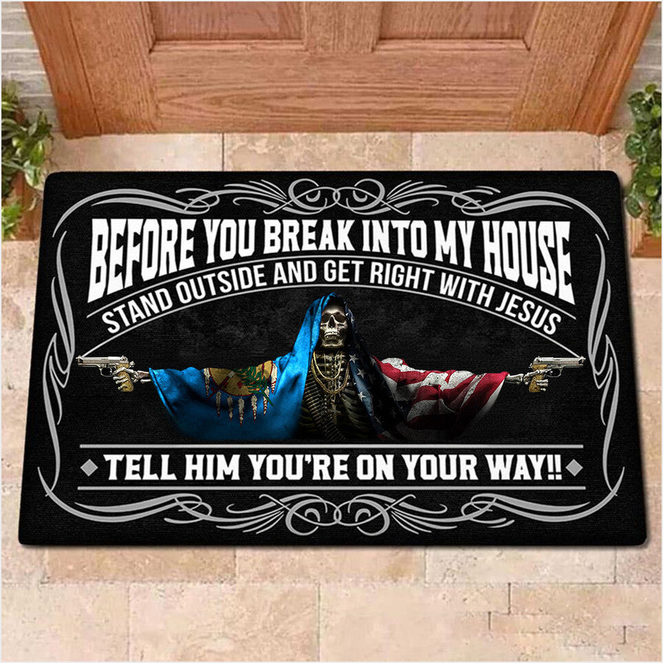 Oklahoma Flag And American Flag Skull With Gun Doormat Before You Break Into My House Doormat-1
