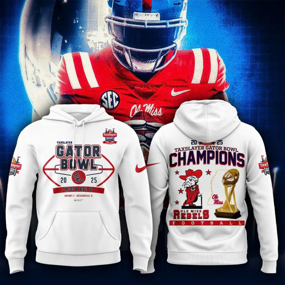 Ole Miss Rebels NCAA TaxSlayer Gator Bowl Champions 2025 White Hoodie Football Fan Gift Ideas-1