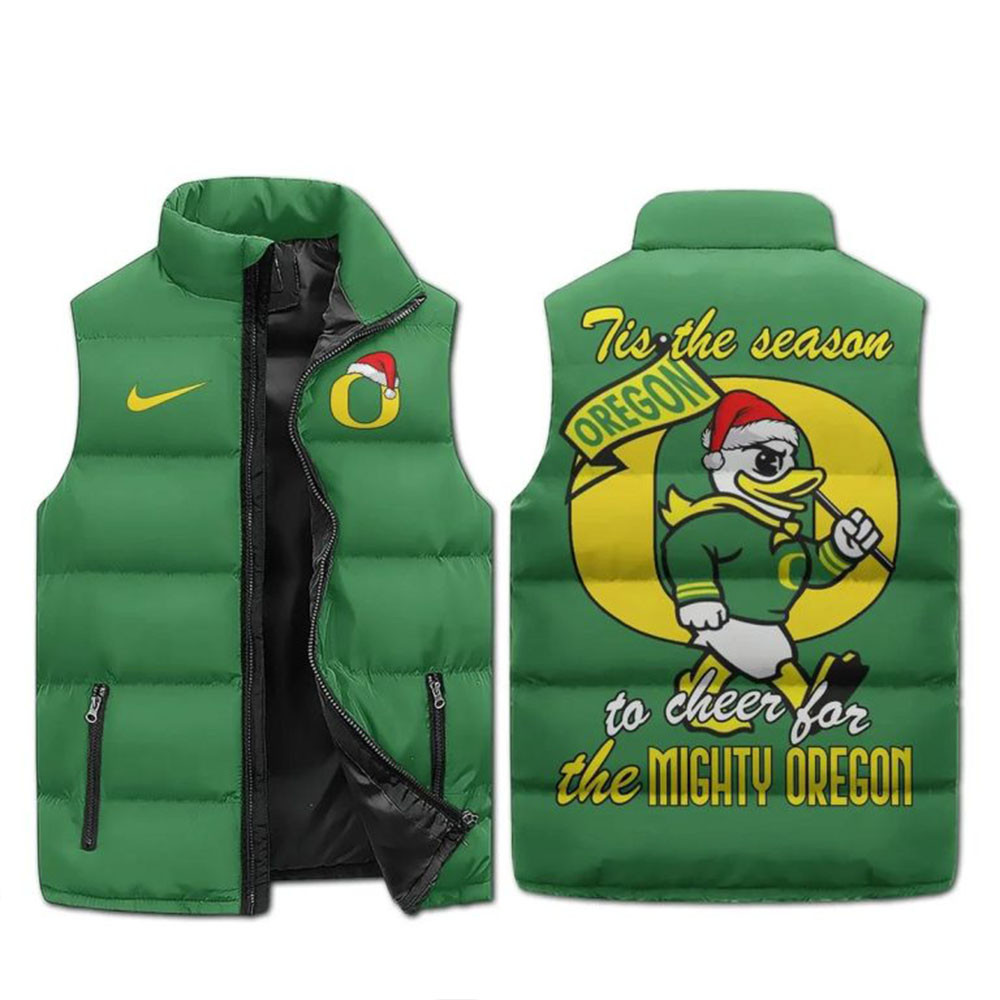Oregon Ducks Tis The Season Cheer For The Mighty Oregon Sleeveless Puffer Jacket Fans Gifts-1