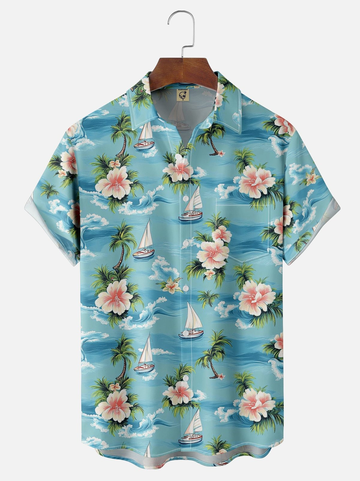 Palm Tree Hibiscus Flower Sailing Boat Chest Pocket Hawaiian Shirt-1