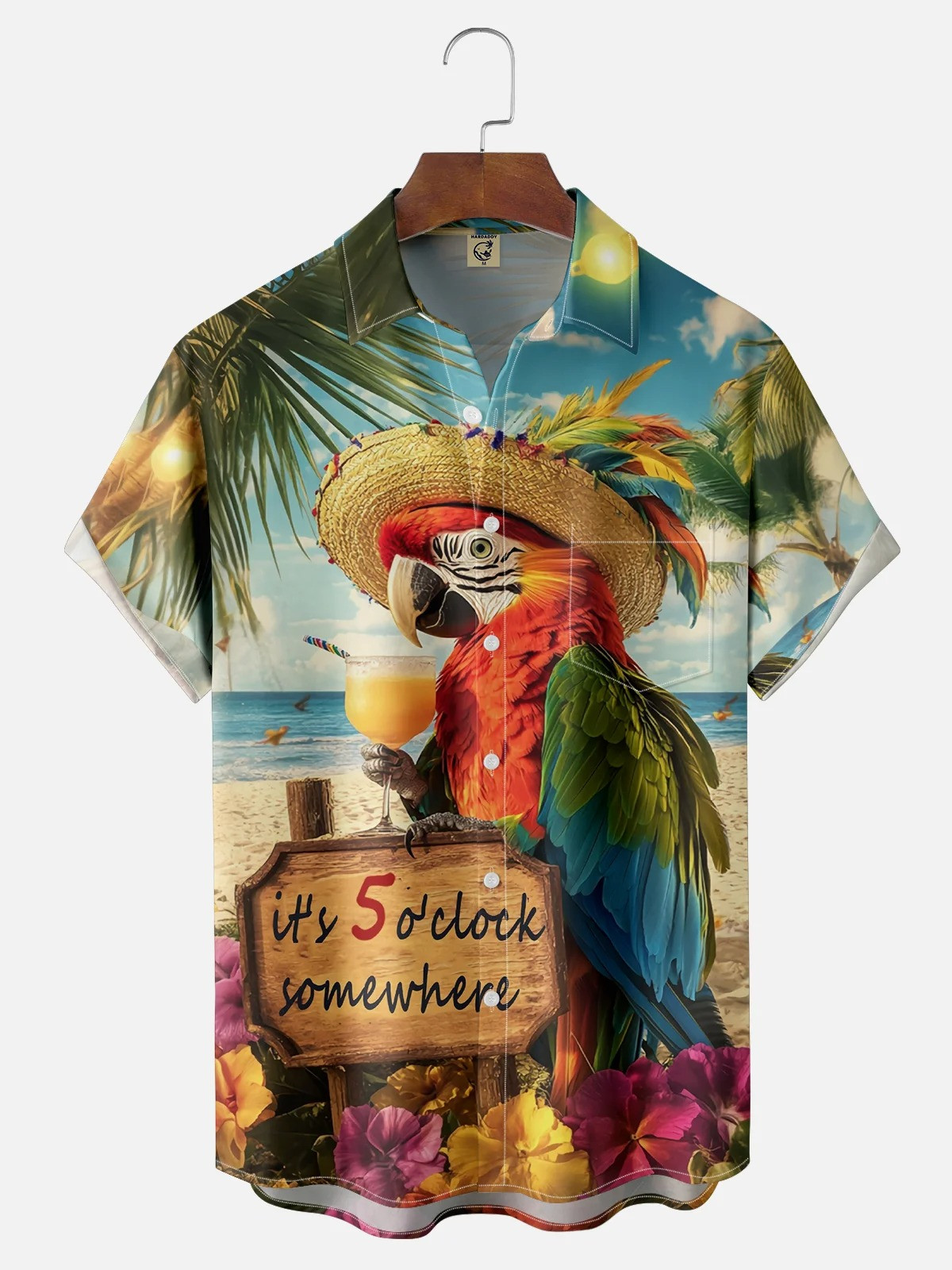 Parrot Cocktail It's 5 o'clock Chest Pocket Hawaiian Shirt-1