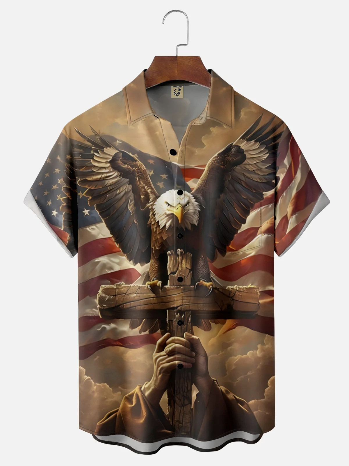 Patriotic Flag Eagle Cross Chest Pocket Casual Shirt-1