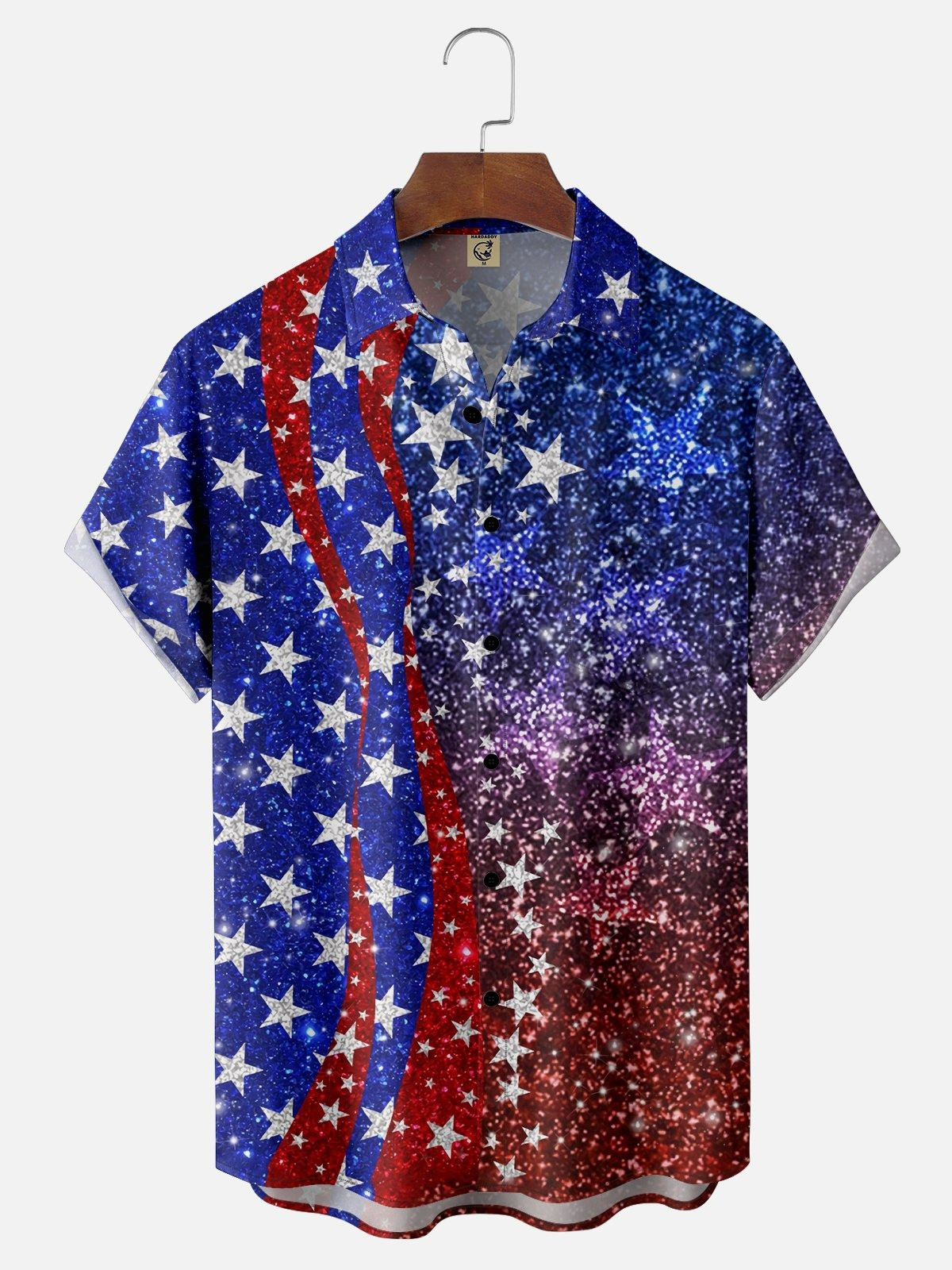 Patriotic Flag Glimmer Gradient Color Chest Pocket Casual Shirt-1
