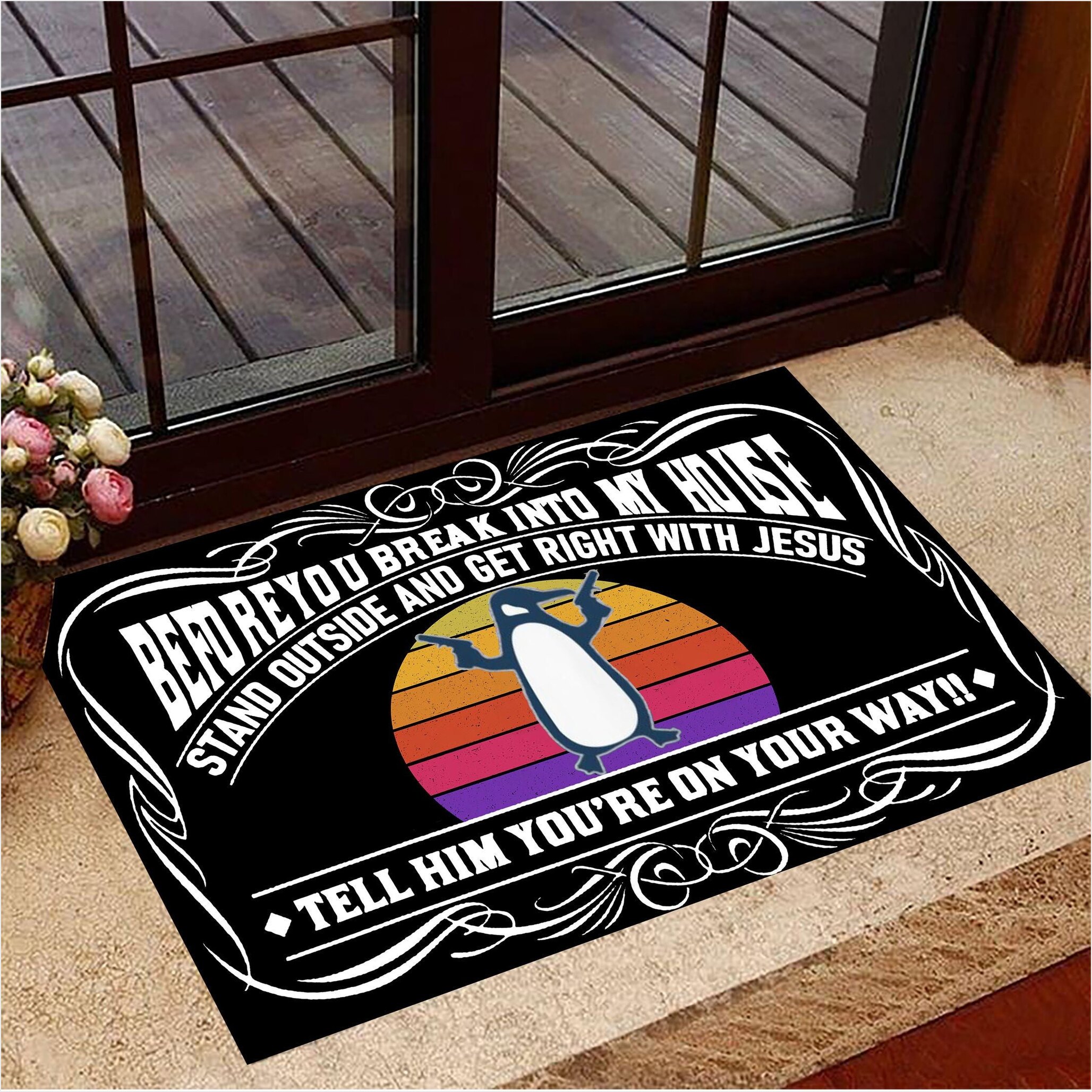 Penguin Before You Break Into My House Doormat Front Door Decor Funny Doormat Gift For Dad-1
