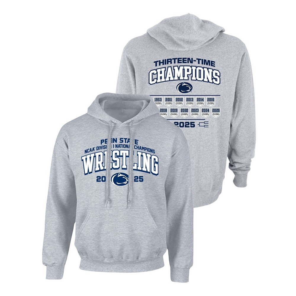 Penn State 2025 13X Wrestling National Champs Hoodie Grey Gifts For Fans-1