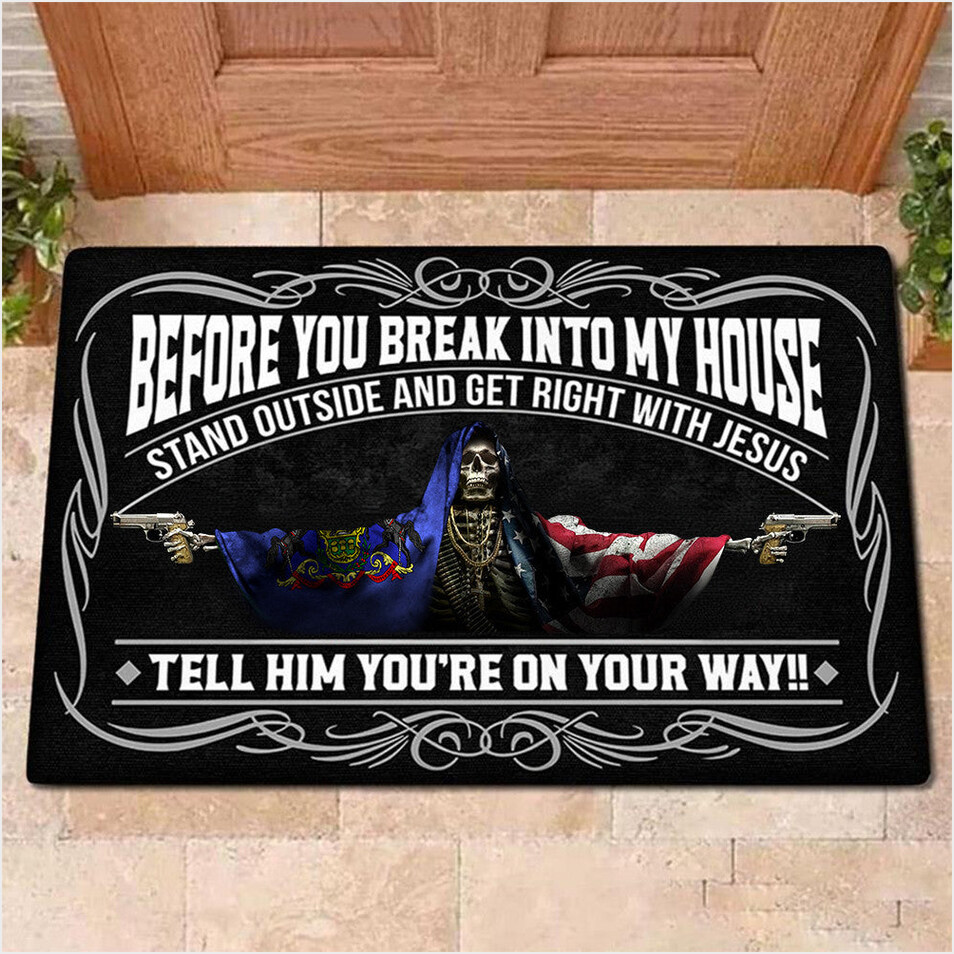 Pennsylvania Flag And USA Flag Skull With Gun Doormat Before You Break Into My House Doormat-1