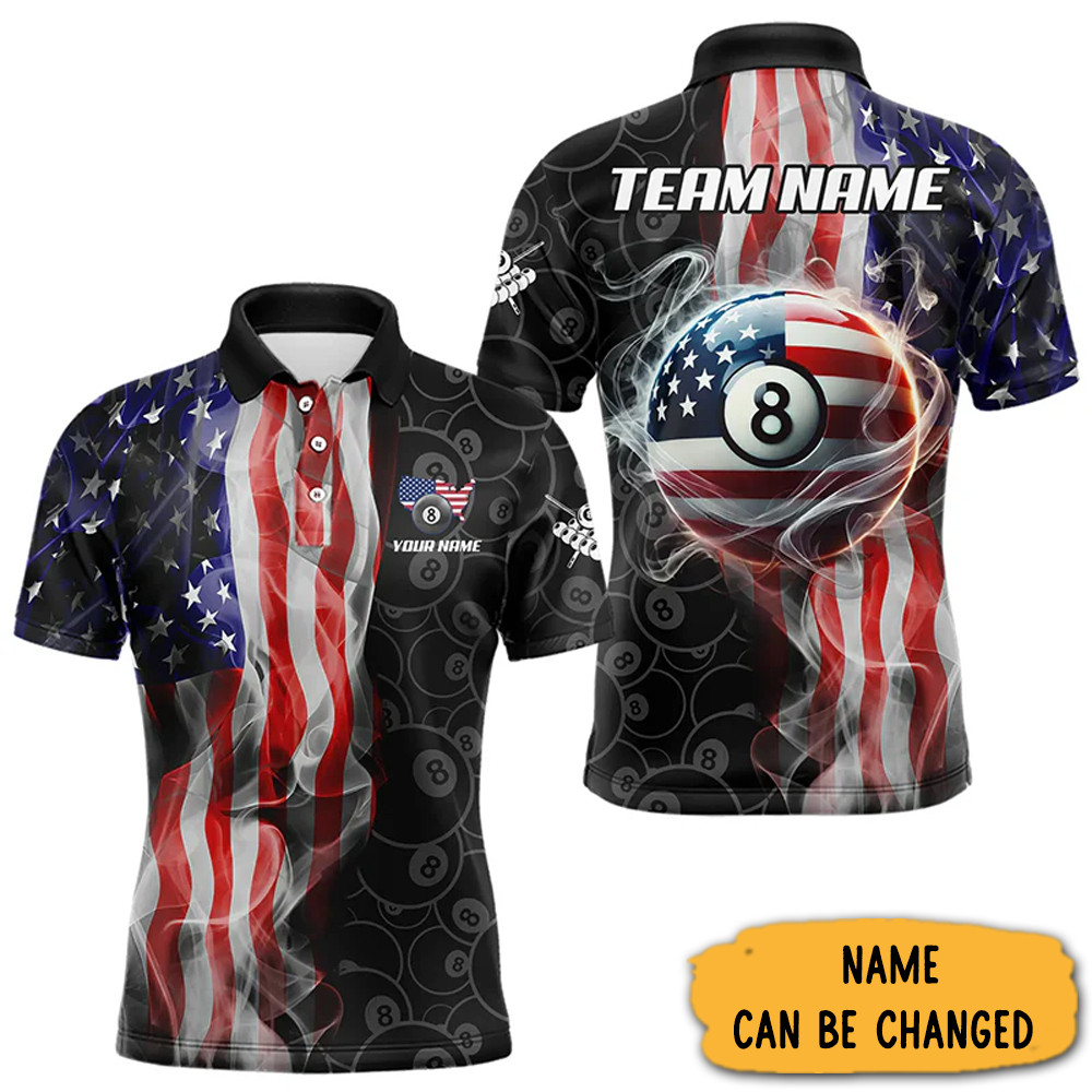 Personalized 8 Ball Pool Smoke American Flag Billiard Polo Shirt Patriotic Billiard Team Gift-1