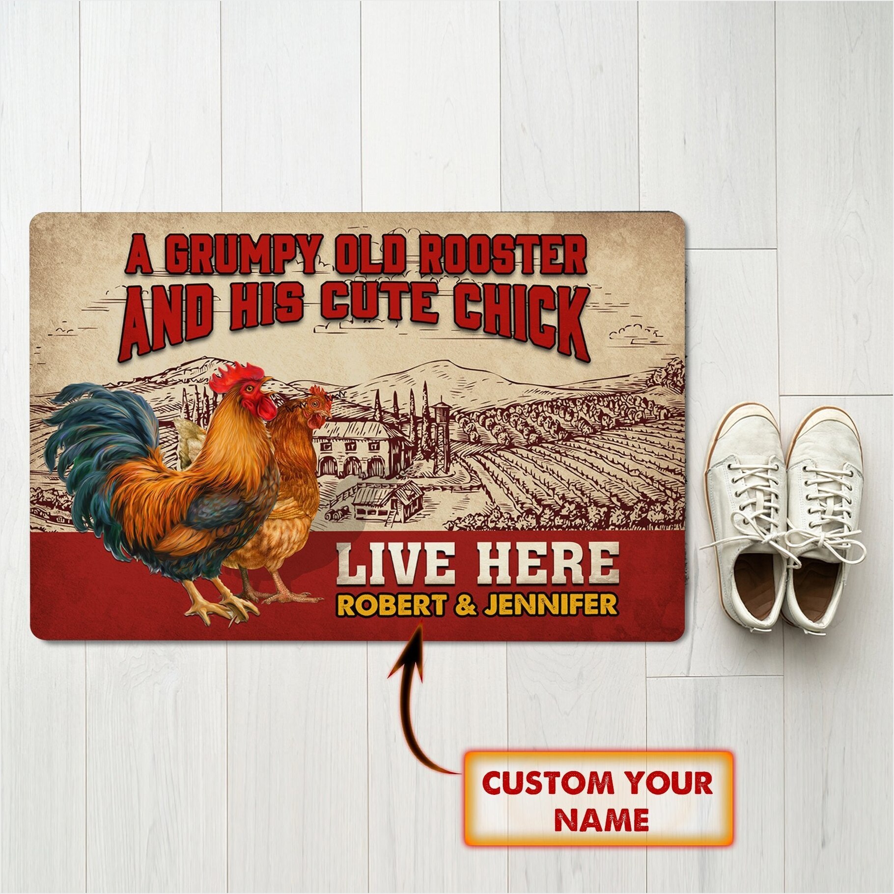 Personalized A Grumpy Old Rooster And His Cute Chick Lives Here Doormat For Chicken Owners-1