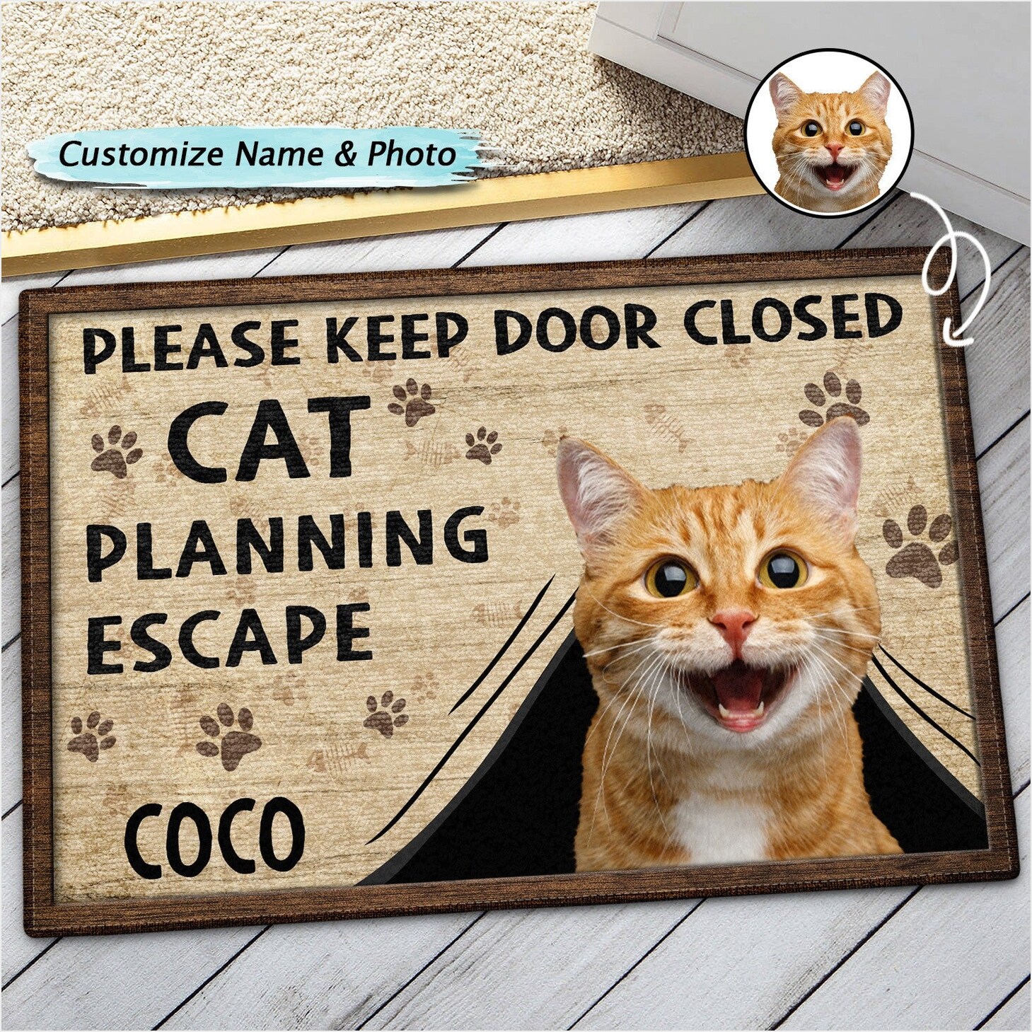 Personalized Photo Please Keep Door Closed Cat Planning Escape Doormat Cat Lover Funny Mat-1