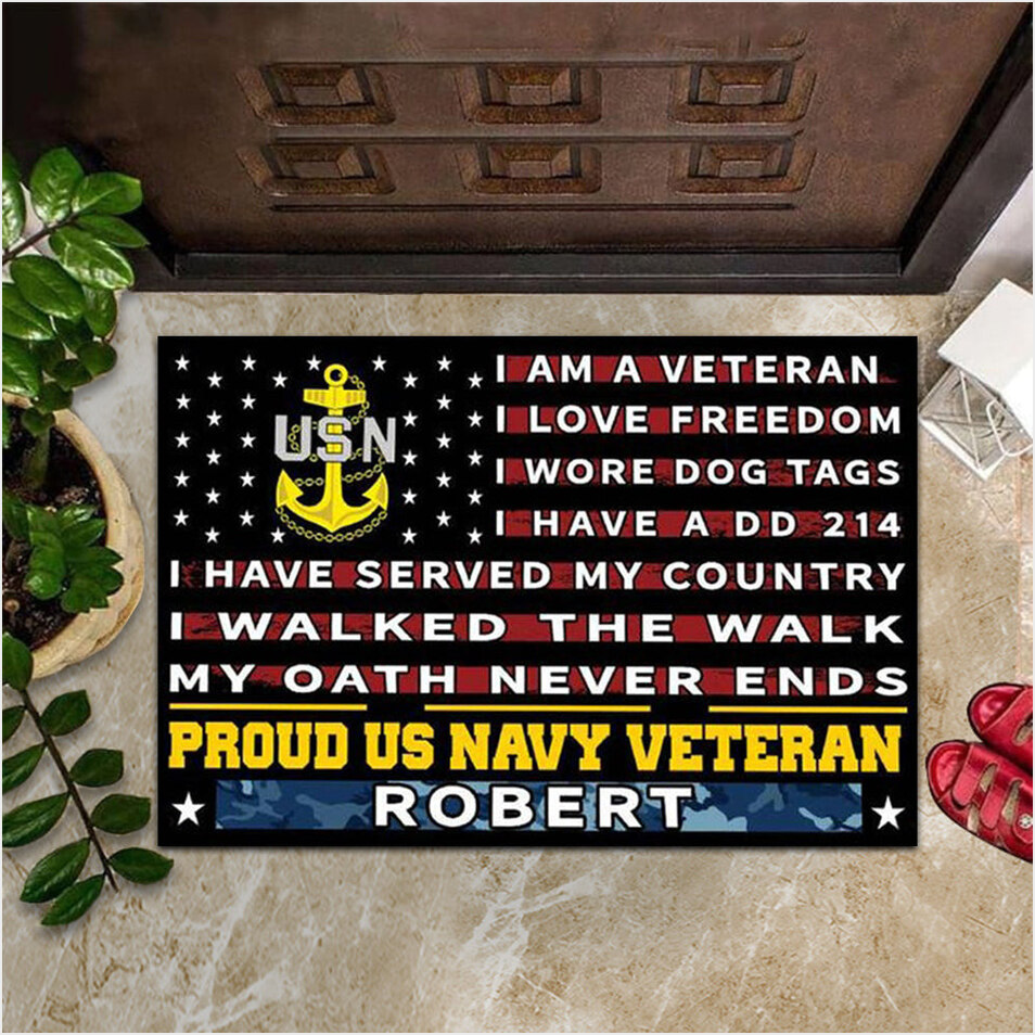 Personalized Proud US Navy Veteran Doormat I Am A Veteran I Love Freedom USN Merchandise-1