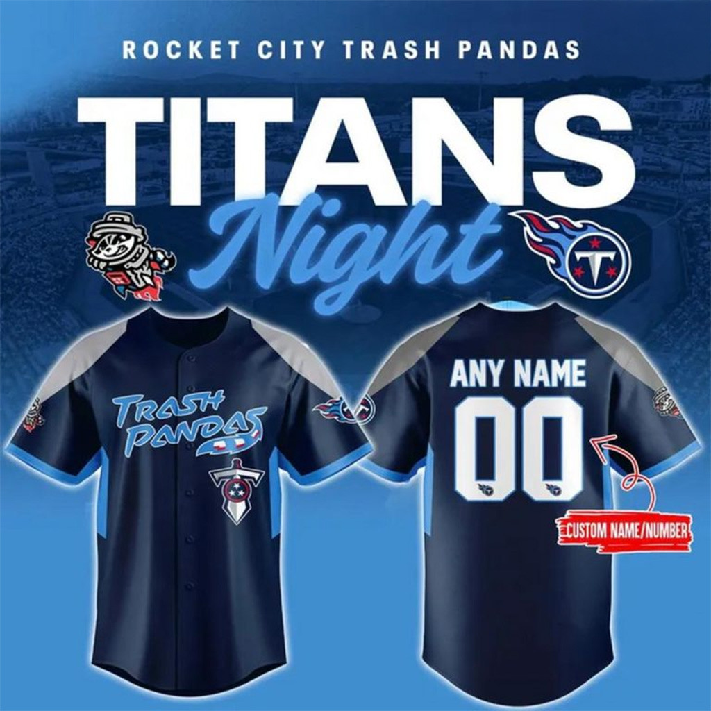 Personalized Rocket City Trash Pandas x Tennessee Titans Night Baseball Jersey Gifts For Him-1