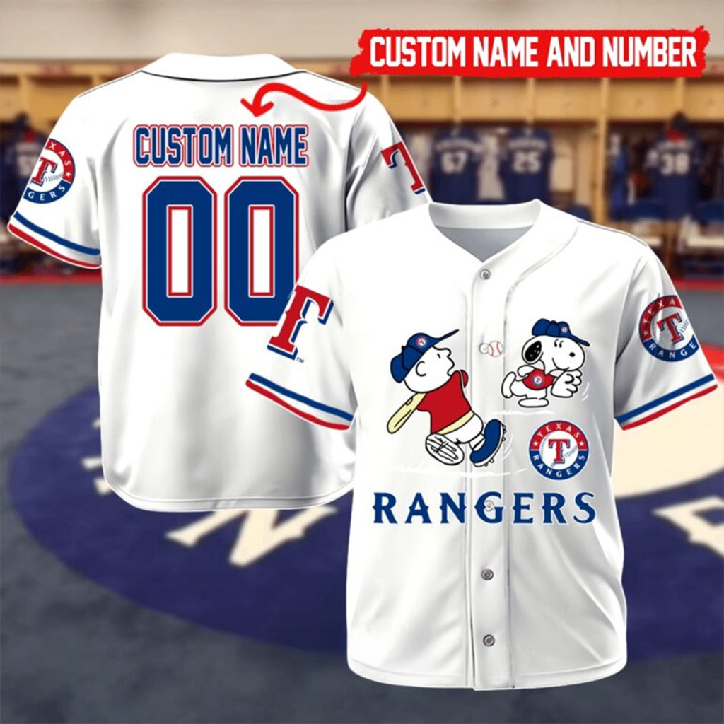 Personalized Texas Rangers Mix Charlie Brown And Snoopy Playing Baseball Jersey Rangers Merch-1 Personalized Texas Rangers Mix Charlie Brown And Snoopy Playing Baseball Jersey Rangers Merch-1