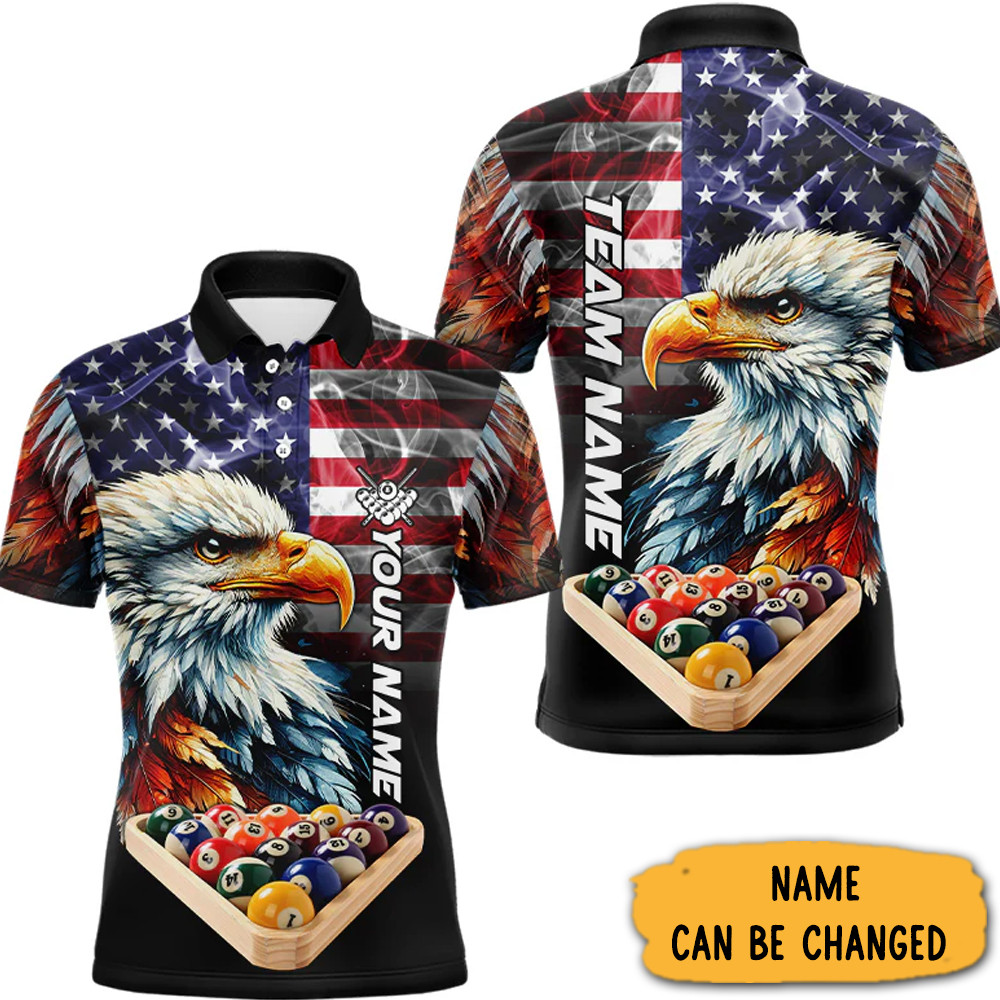 Personalized US Eagle Smoke American Flag Billiard Polo Shirt Gifts For Him-1