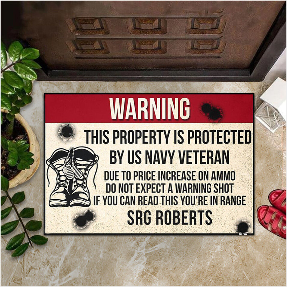 Personalized USN Veteran Doormat Warning This Property Is Protected By US Navy Veteran Door Mat-1