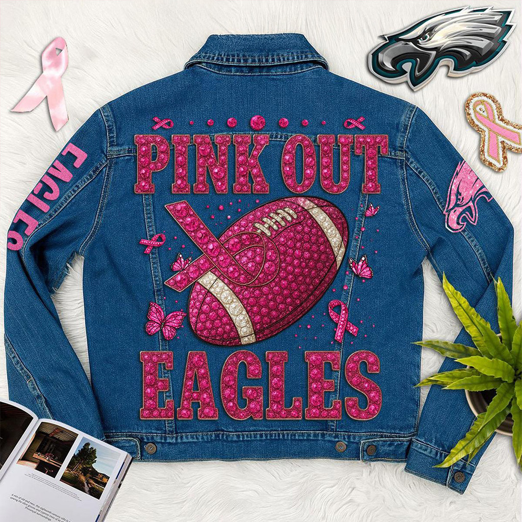 Philadelphia Eagles Pink Out Cancer Denim Jacket Philadelphia Eagles Merch Best Gifts For Fans-1
