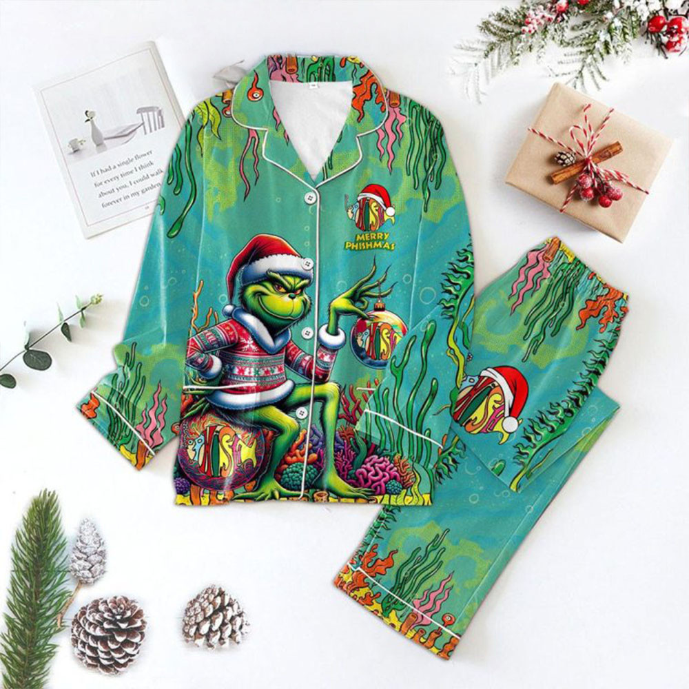 Phish Merry Phishmas With The Grinch Christmas Polyester Pajamas Set Rock Band Fans Gifts-1