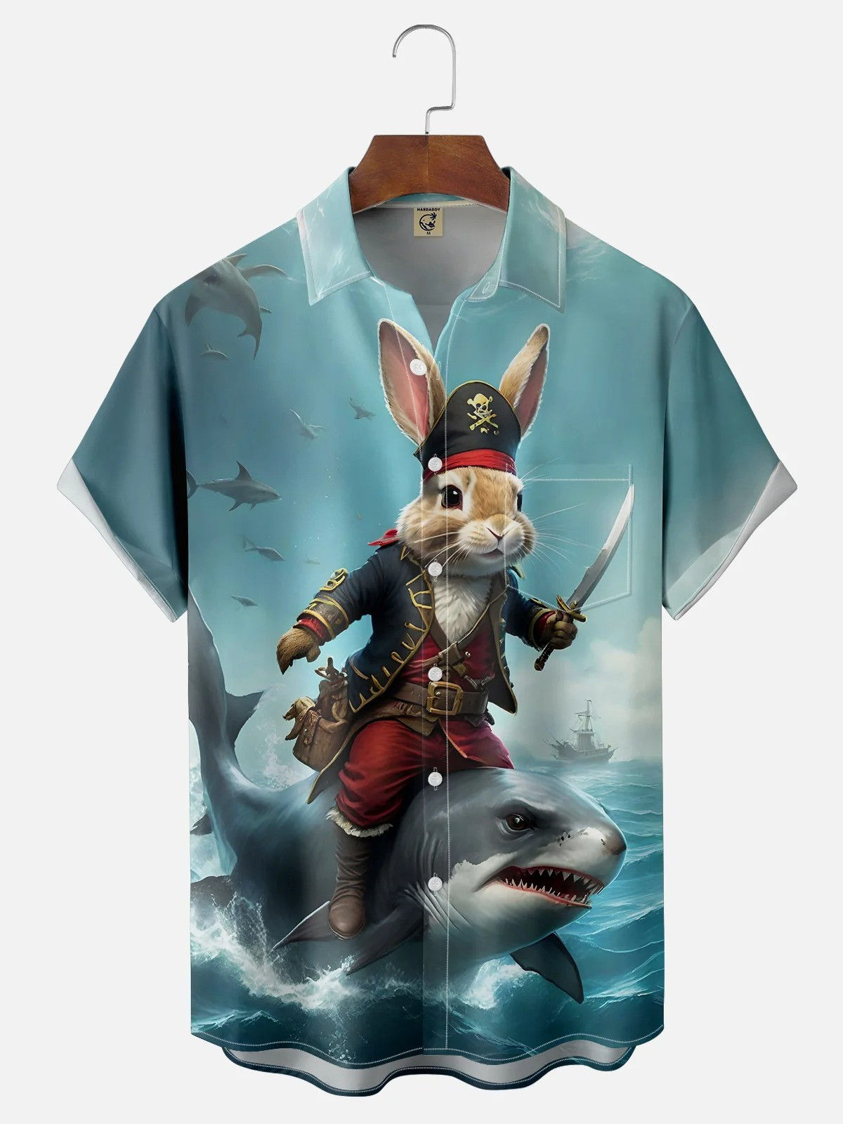 Pirate Rabbit Shark Ride Chest Pocket Casual Shirt-1