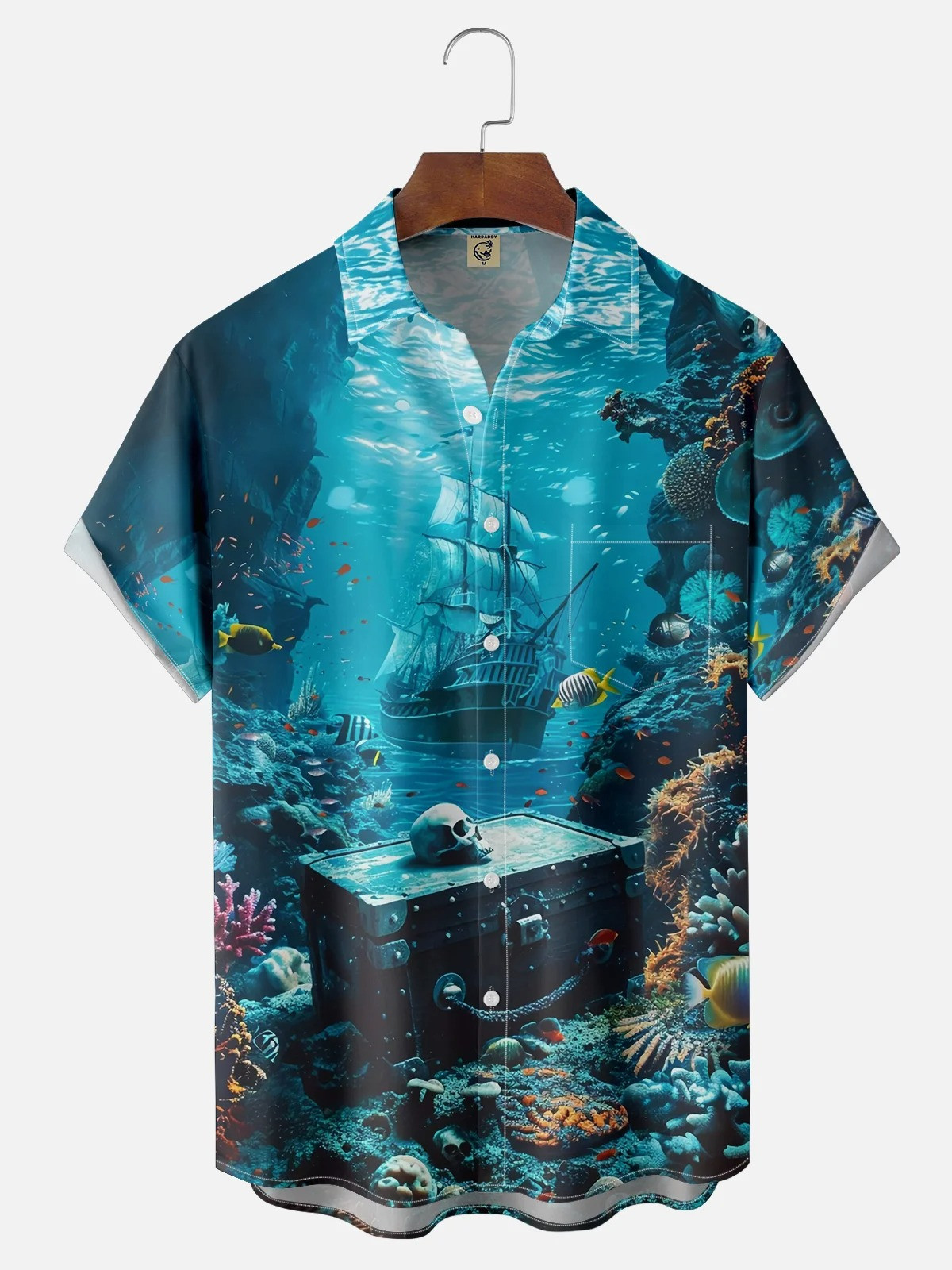 Pirate Ship Skeleton Treasure Chest Pocket Hawaiian Shirt-1