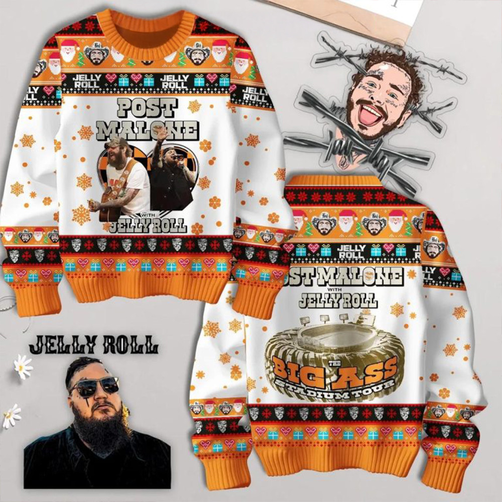 Post Malone Posty With Jelly Roll 2025 Tour Christmas Ugly Sweater Gifts For Music Fans-1