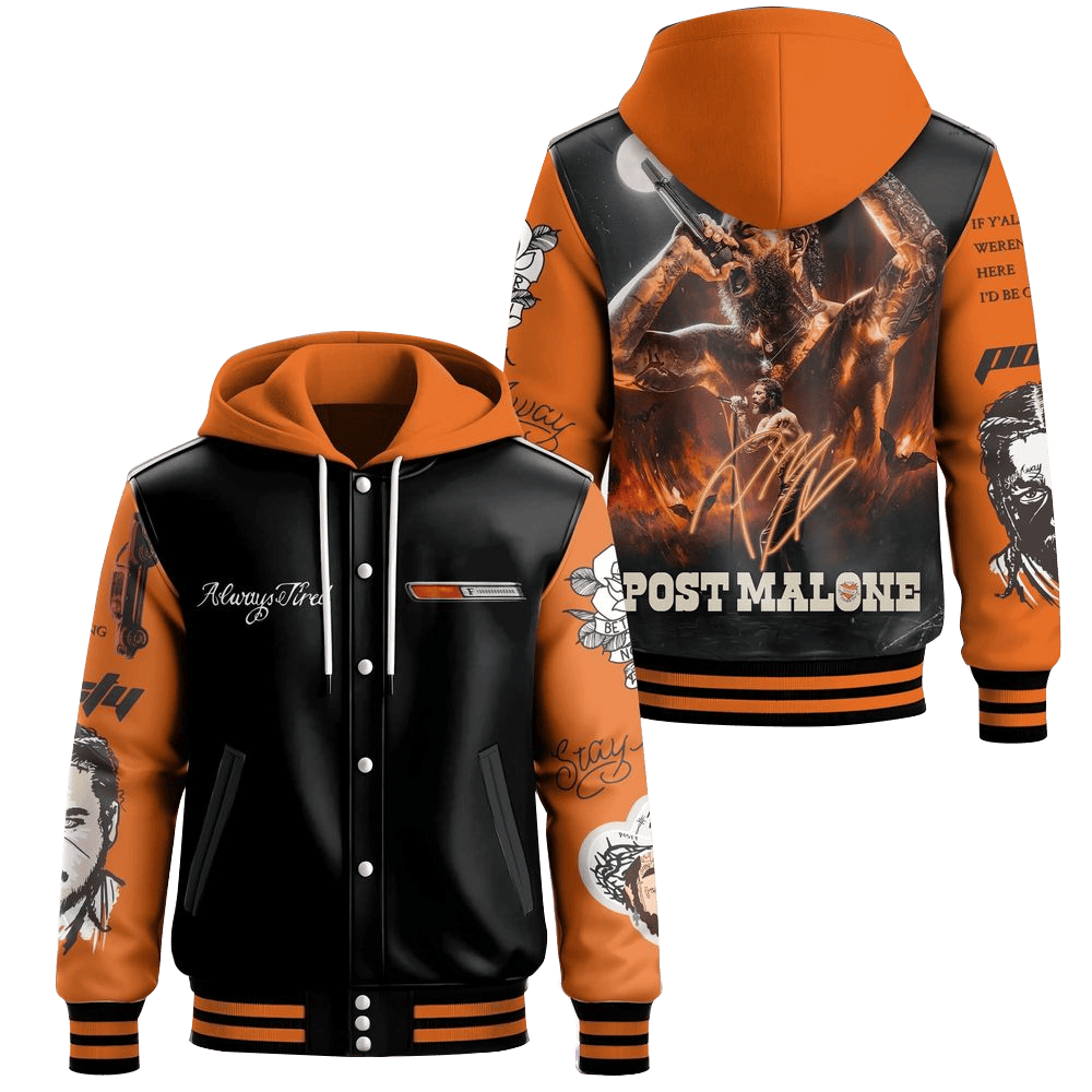 Post Malone Signature Flames Hooded Varsity Jacket Post Malone Merch Unique Father'sDay Gifts-1