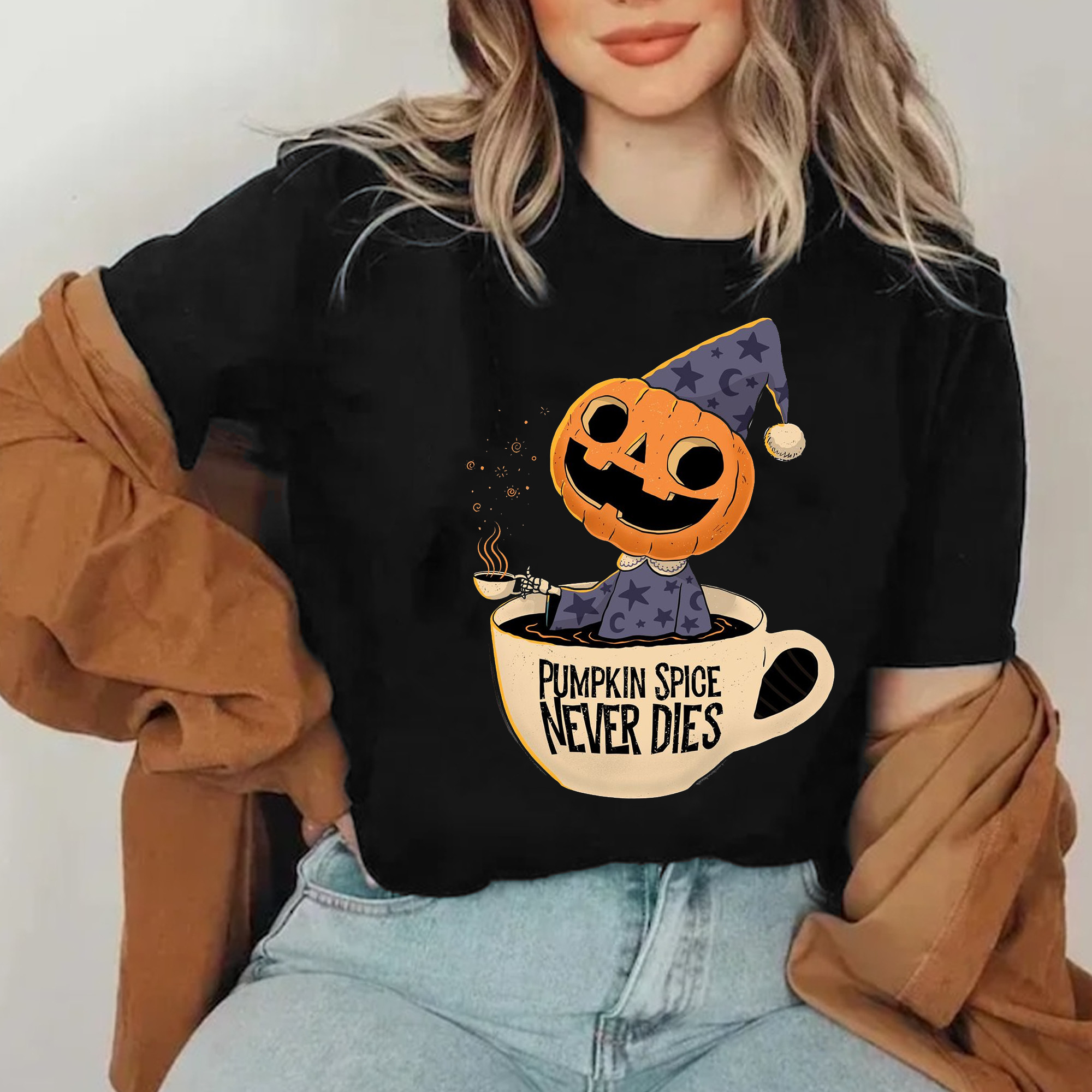 Pumpkin Spice Never Dies Shirt Black Cool Halloween T-Shirt Best Friend Gifts-1