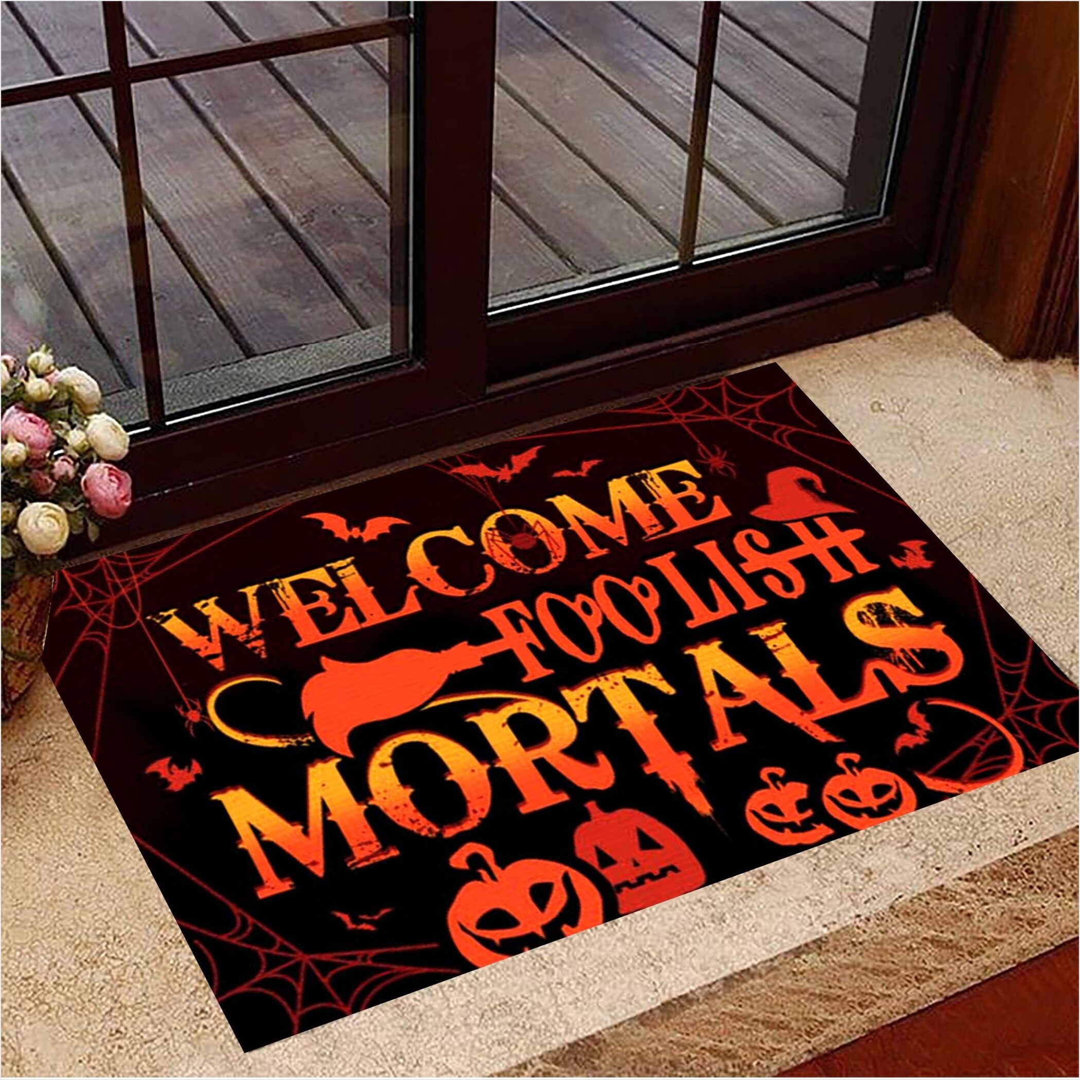 Pumpkin Welcome Foolish Mortals Doormat Witch Doormat Halloween Witch Decor Gifts For BFF-1