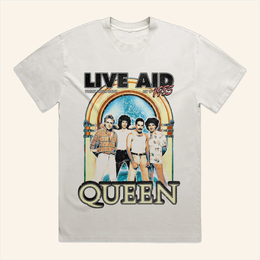 Queen Official Merch Queen At Live Aid Vintage White T-Shirt Gifts For Your Boyfriend-1