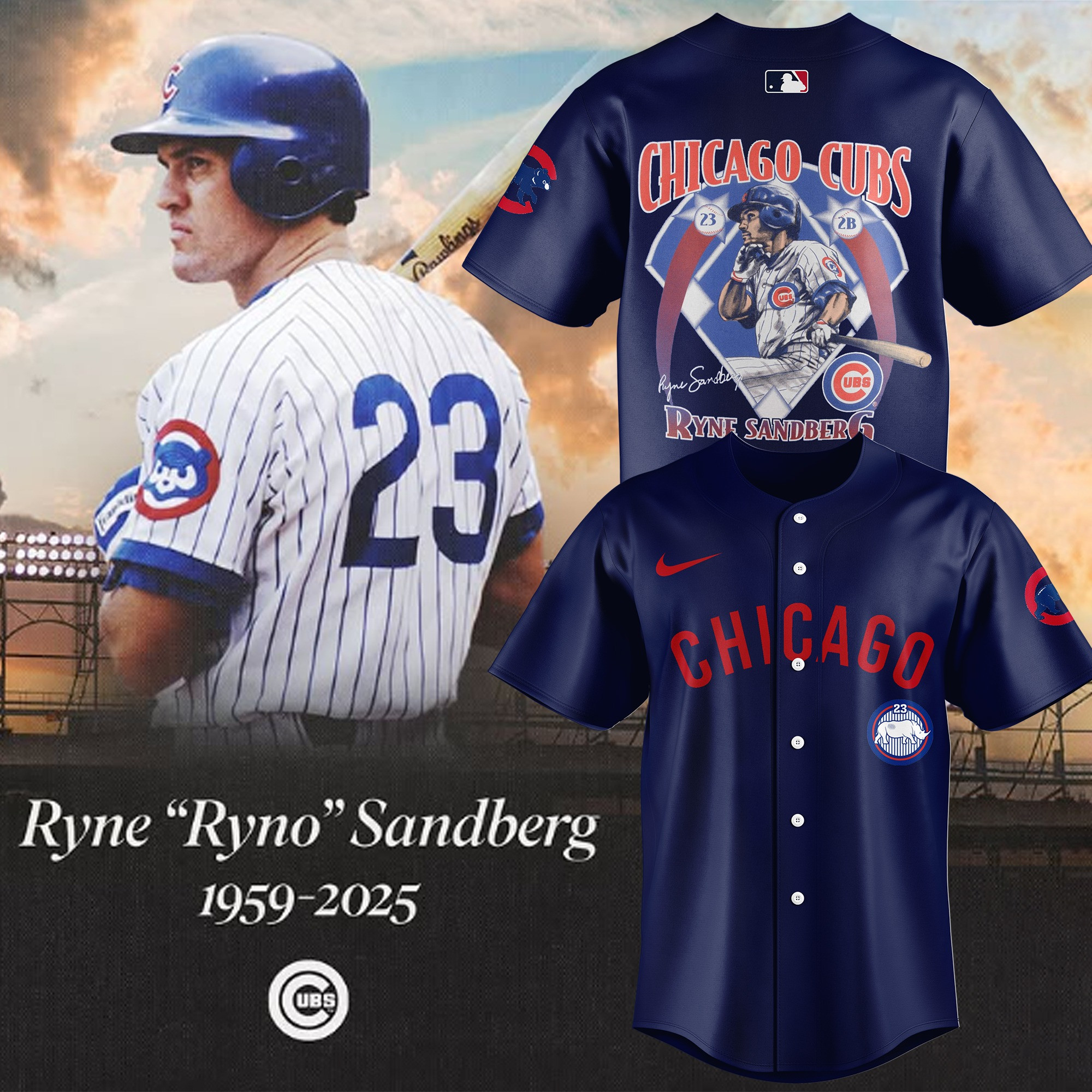 RIP Ryne Sandberg Chicago Cubs Legend 1959-2025 Baseball Jersey Merch For Fans-1