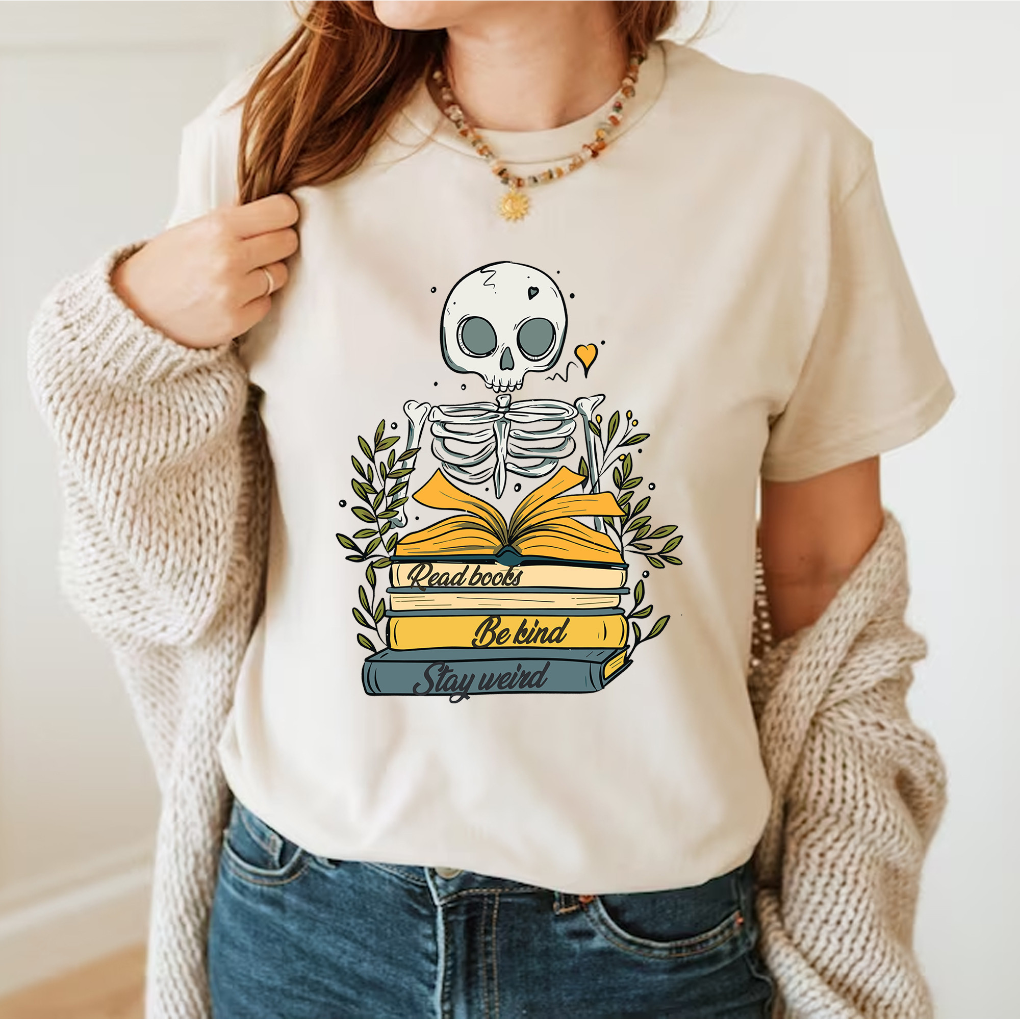 Read Books Be Kind Stay Weird Shirt White Funny Skull Halloween T-Shirts Gifts For Nerds-1