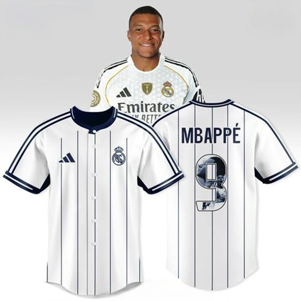 Real Madrid Mbappe 9 Pinstripe Special Baseball Jersey Fan Merch Gifts For Dad-1