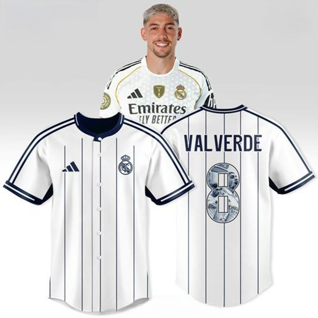 Real Madrid Valverde 8 Pinstripe Baseball Jersey Fan Merch Gifts For Him-1