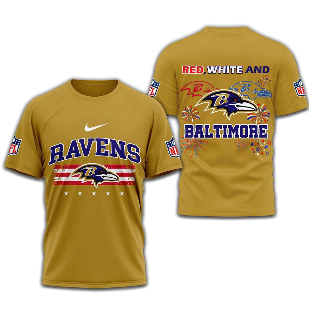 Red White And Baltimore Ravens 2025 Football 4Th Of July T-Shirt-1