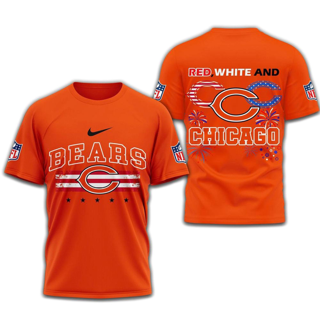 Red White And Chicago Bears 2025 Football 4Th Of July 3D Shirt-1
