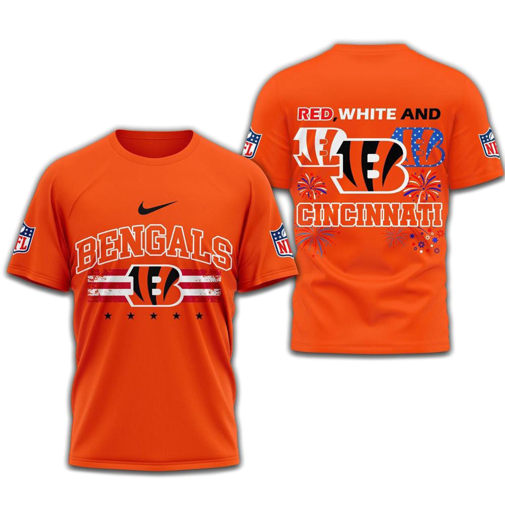 Red White And Cincinnati Bengals 2025 Football 4Th Of July 3D Shirt-1