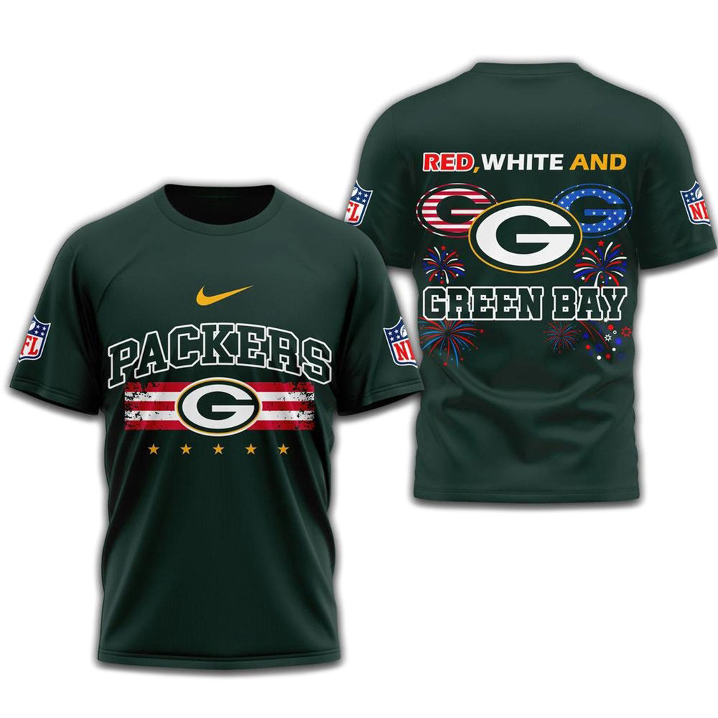 Red White And Green Bay Packers 2025 Football 4Th Of July 3D Shirt-1