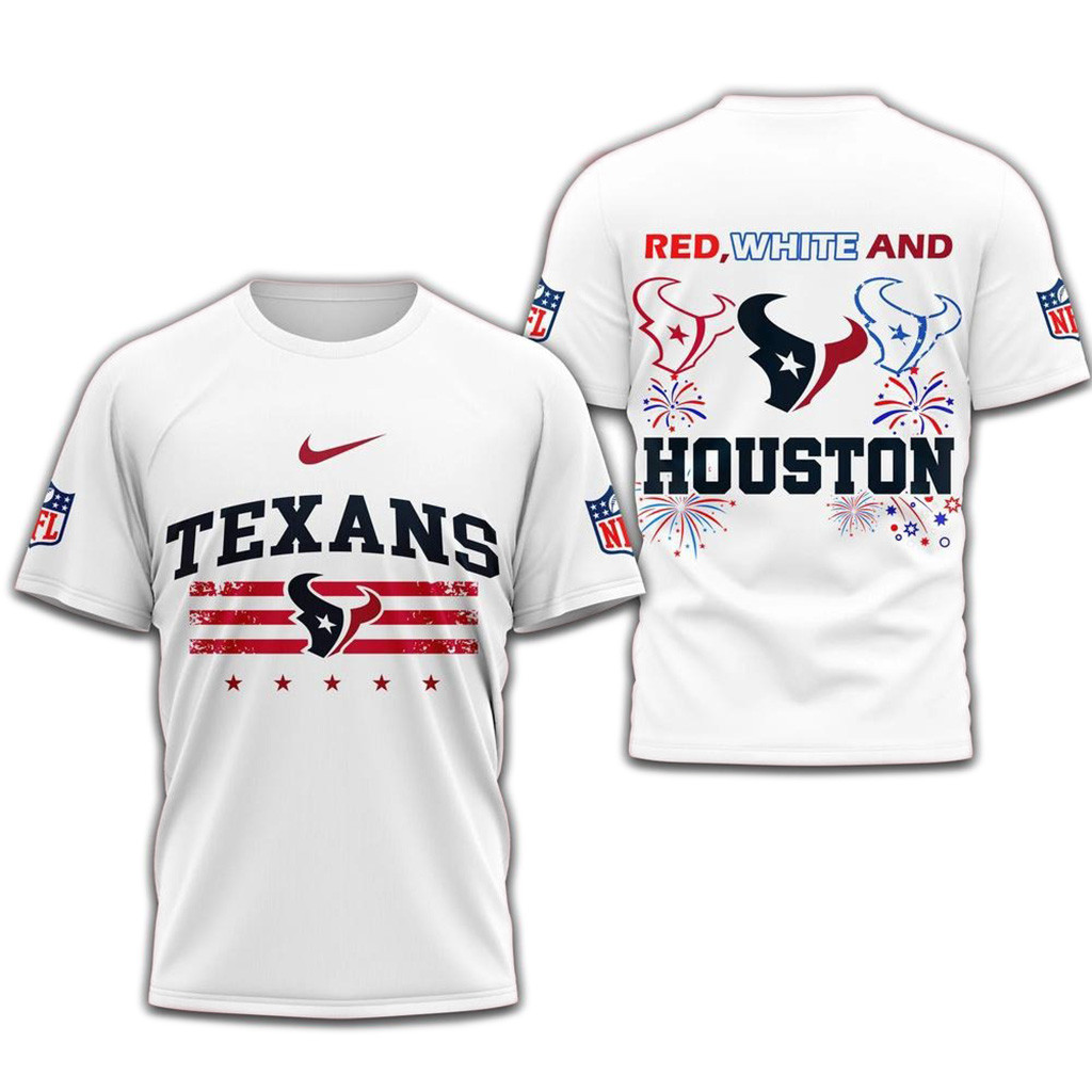 Red White And Houston Texans 4Th Of July Independence Day White Shirt-1
