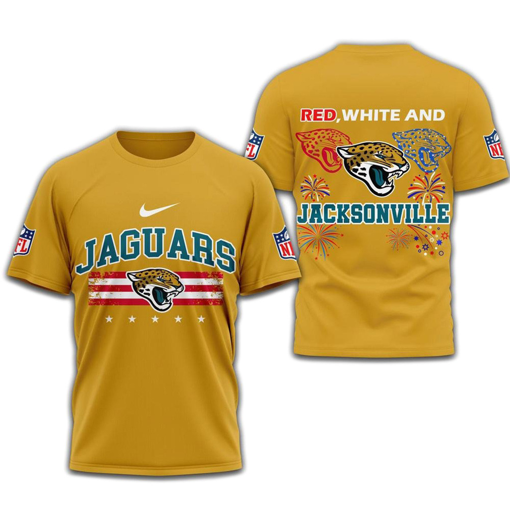 Red White And Jacksonville Jaguars 2025 Football 4Th Of July 3D Shirt-1