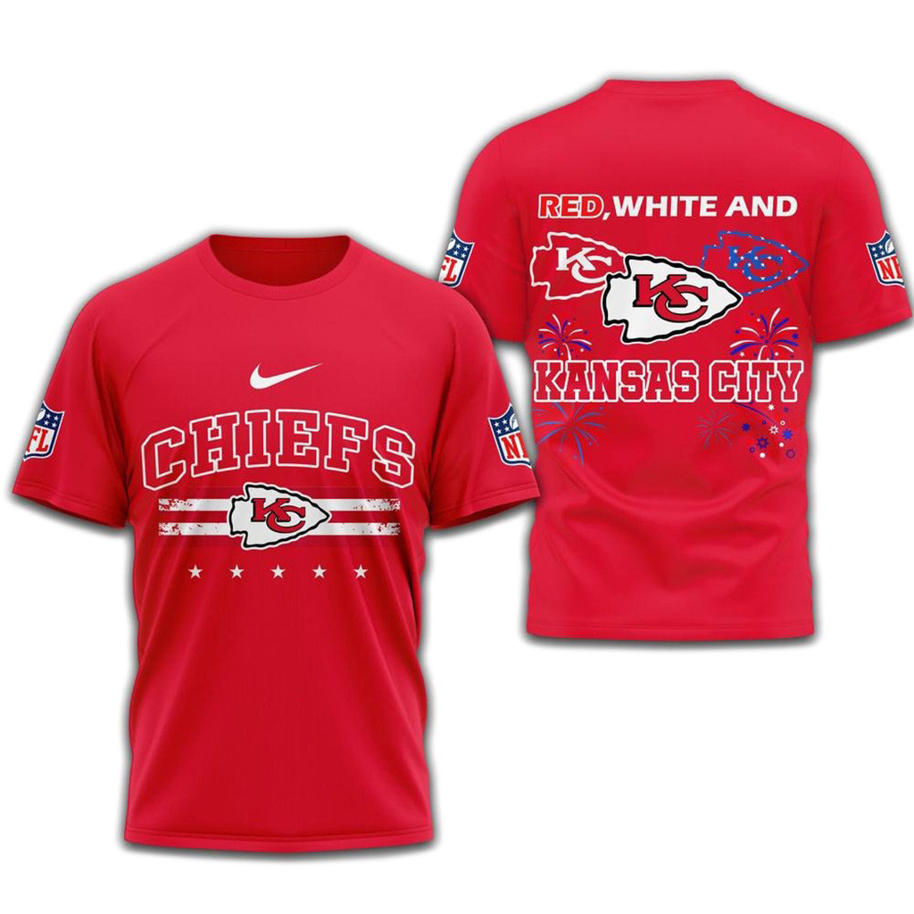 Red White And Kansas City Chiefs 2025 Football 4Th Of July 3D Shirt-1