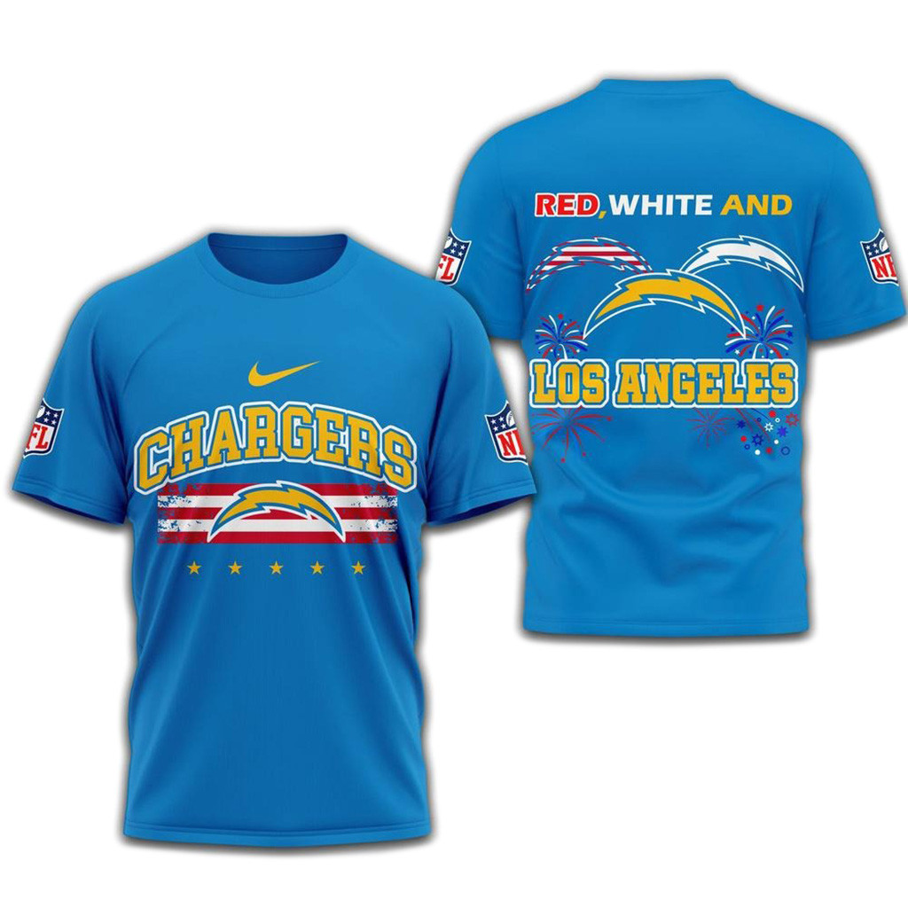 Red White And Los Angeles Chargers 2025 Football 4Th Of July 3D Shirt-1