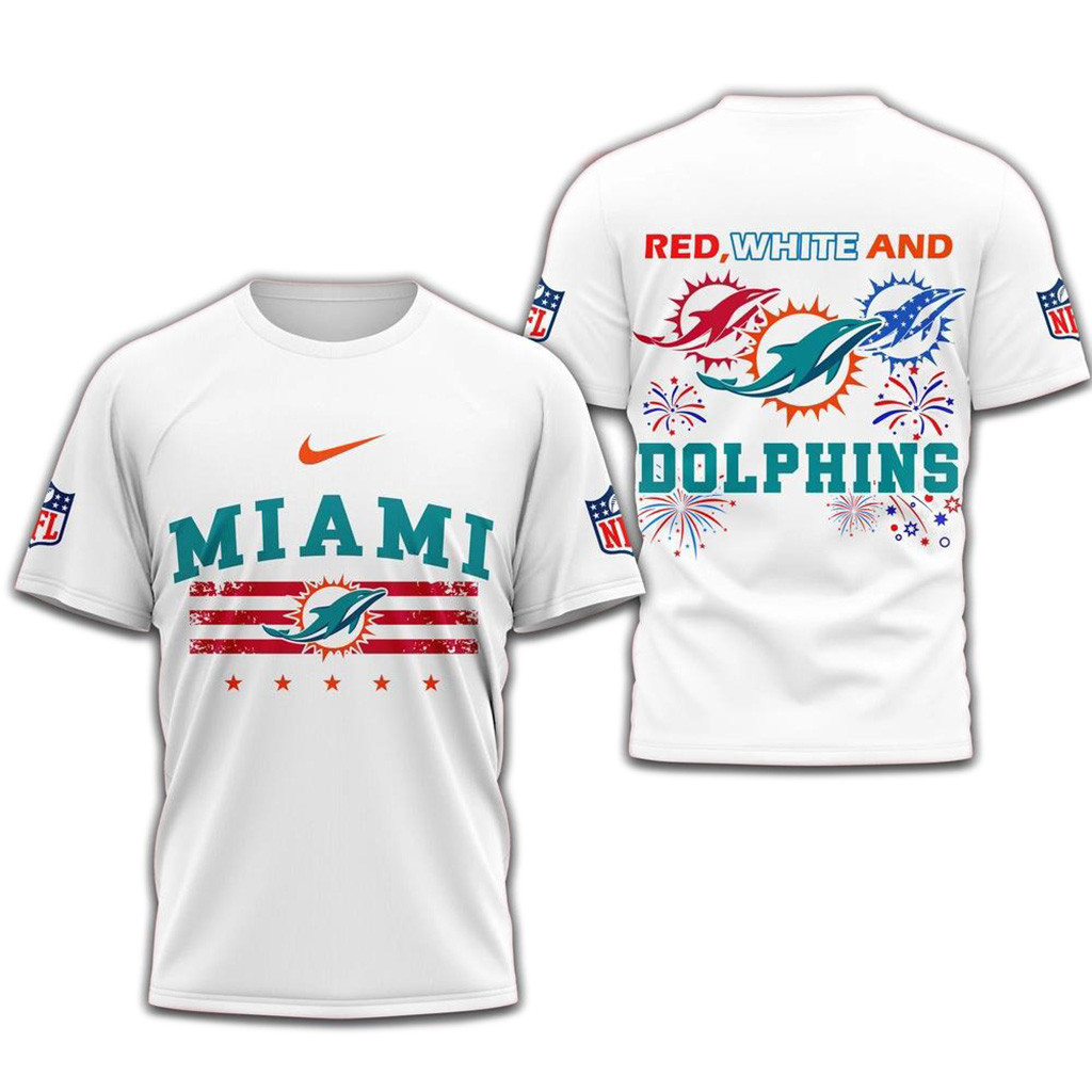 Red White And Miami Dolphins 4Th Of July Independence Day T-Shirt-1