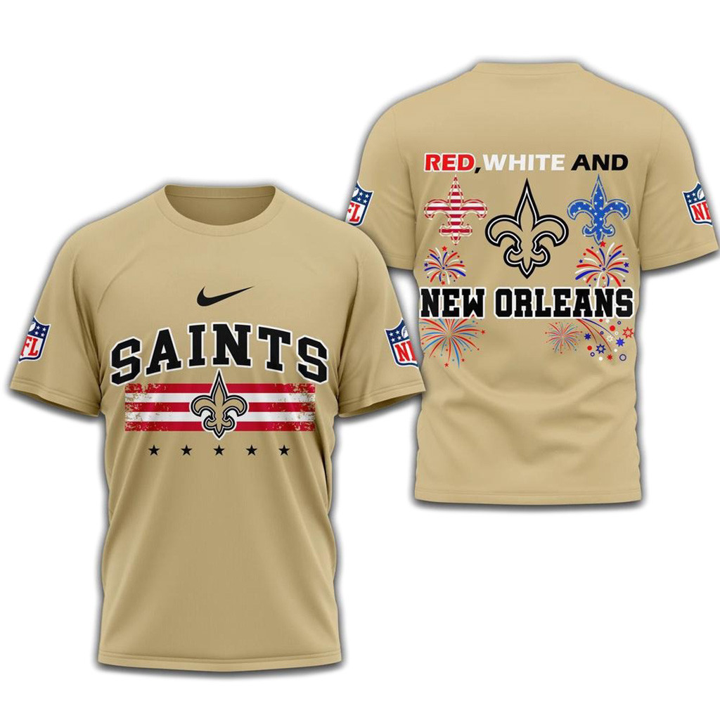 Red White And New Orleans Saints 2025 Football 4Th Of July 3D Shirt-1