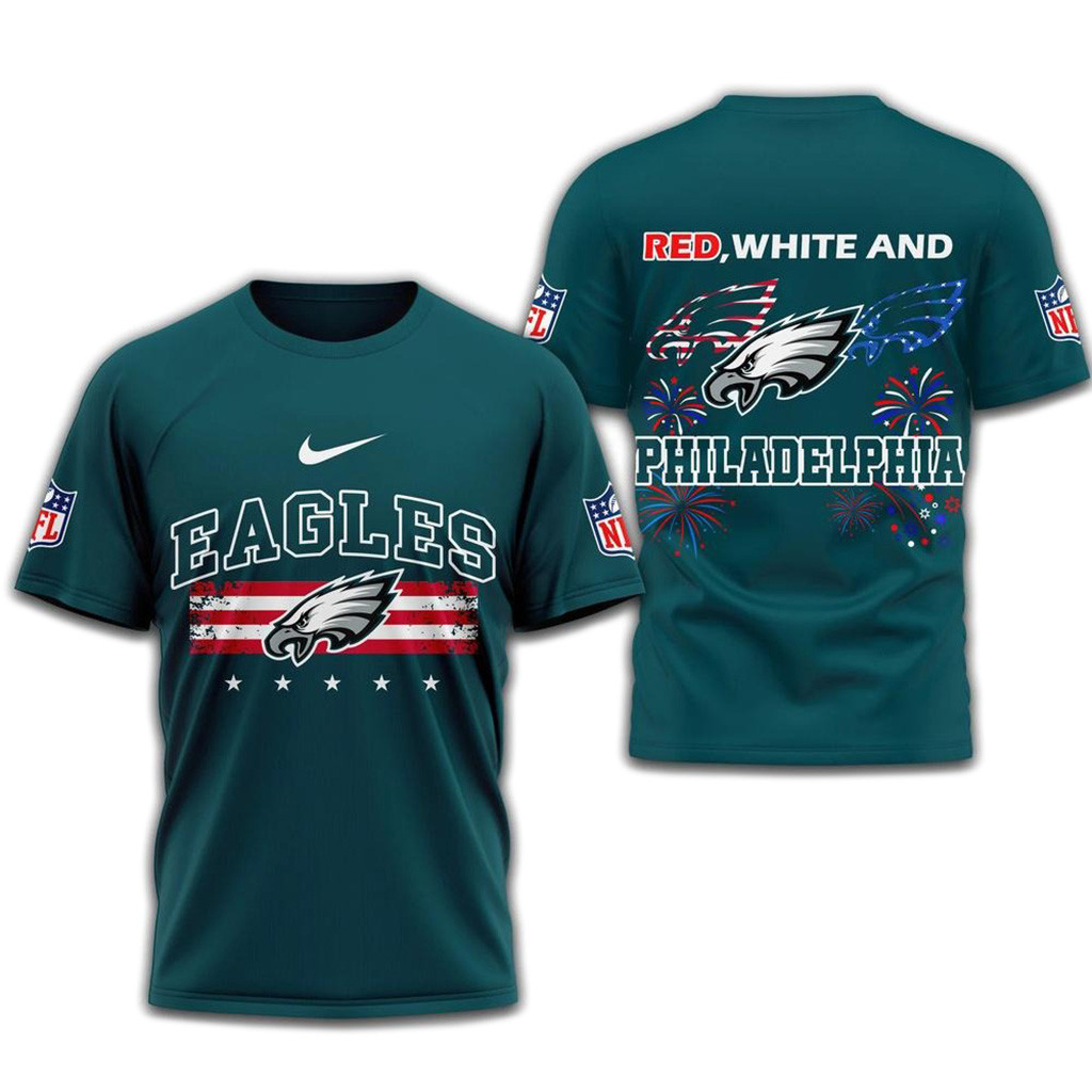 Red White And Philadelphia Eagles 2025 Football 4Th Of July 3D Shirt-1