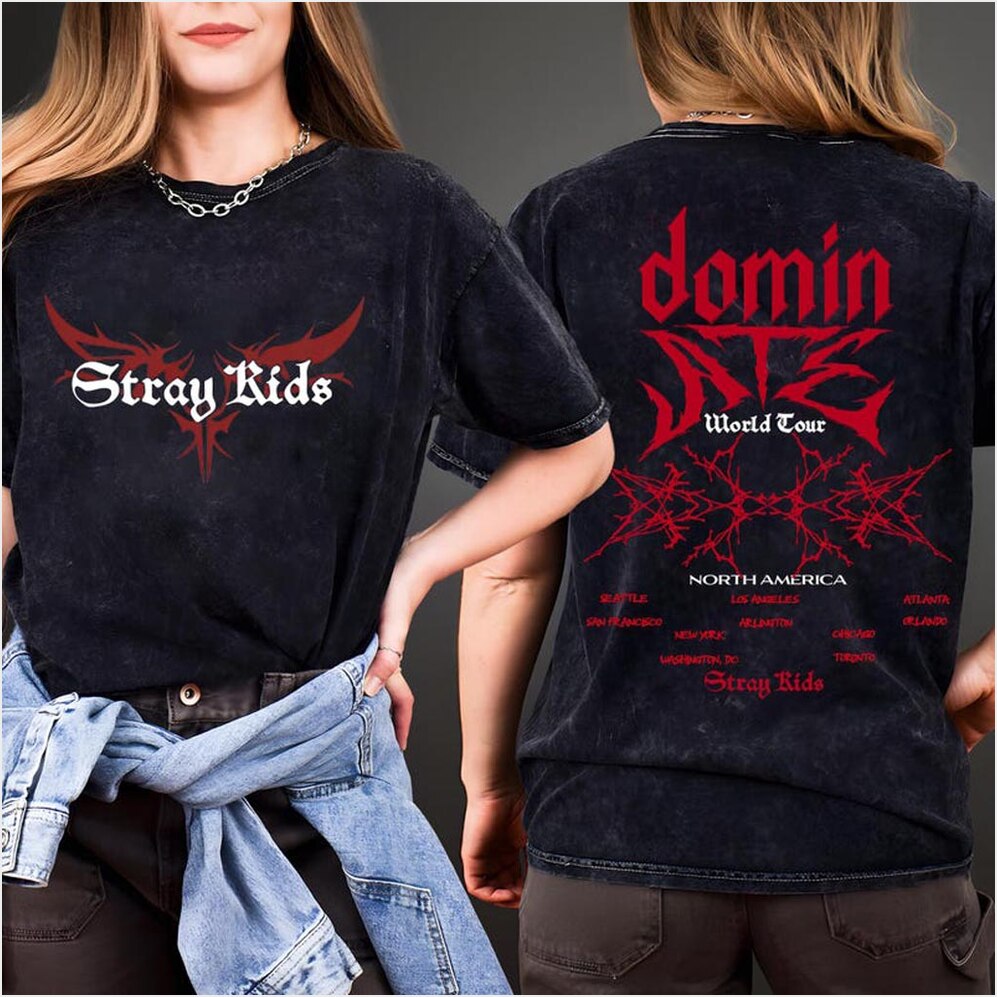Retro Stray Kids Domiate Mineral Wash Black Shirt Stray Kids Domiate World Tour Shirt-1