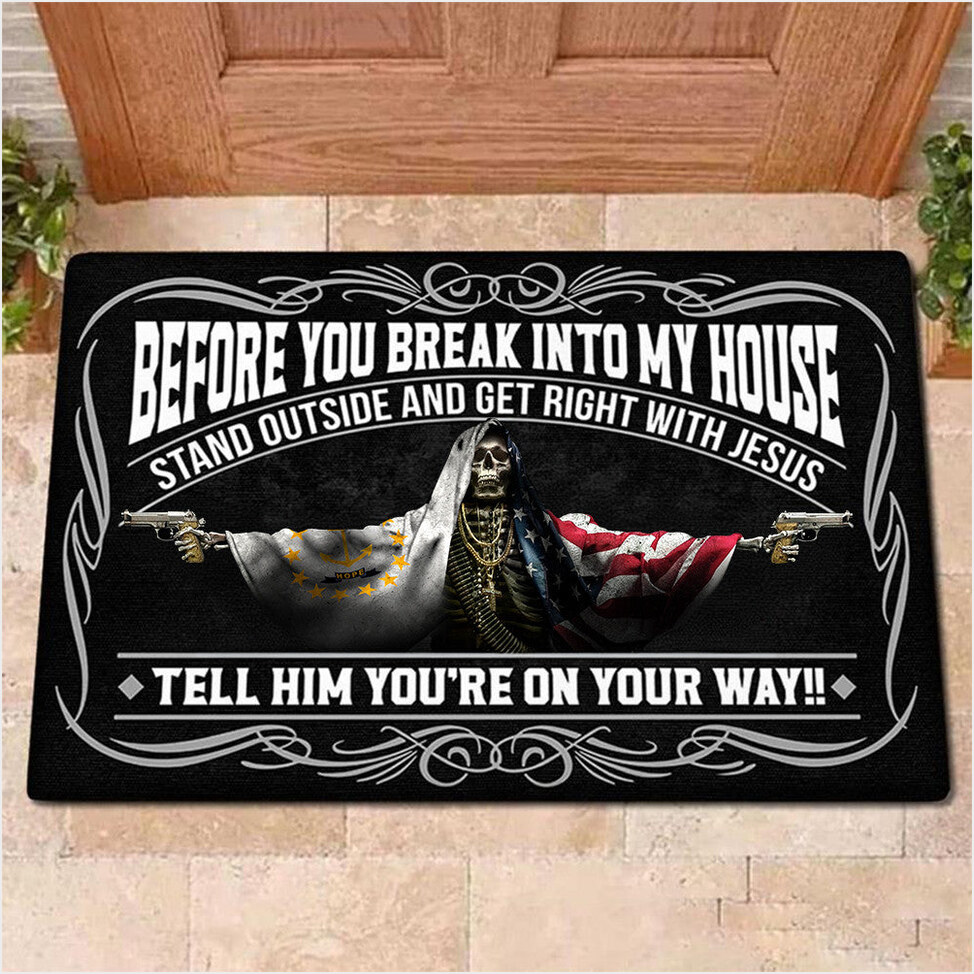 Rhode Island Flag And USA Flag Skull With Gun Doormat Before You Break Into My House Doormat-1