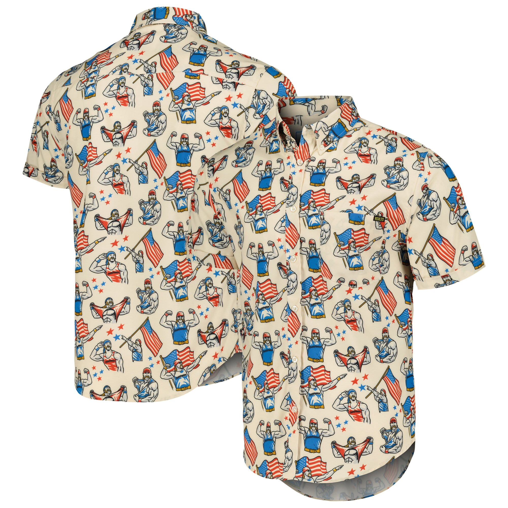 Rsvlts Tan Hulk Hogan Wrestlemania Series 3 Kunuflex Buttondown Short Sleeve Shirt Hulk Hogan Merch-1