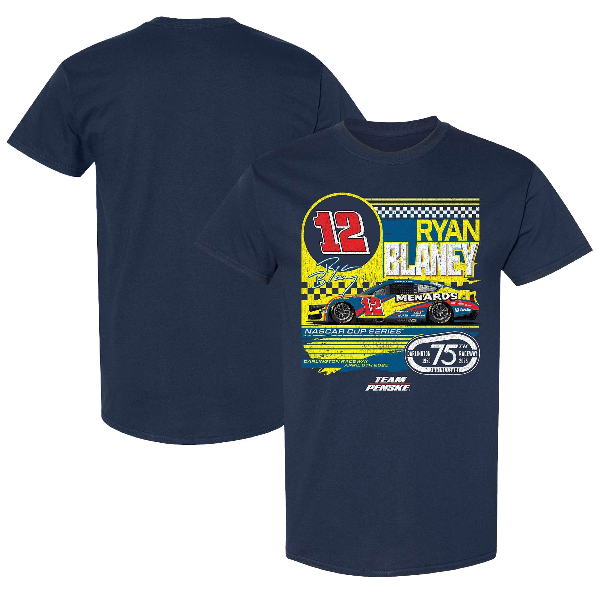 Ryan Blaney Merch Checkered Flag Navy Ryan Blaney Menards Darlington Raceway Throwback Car Shirt-1