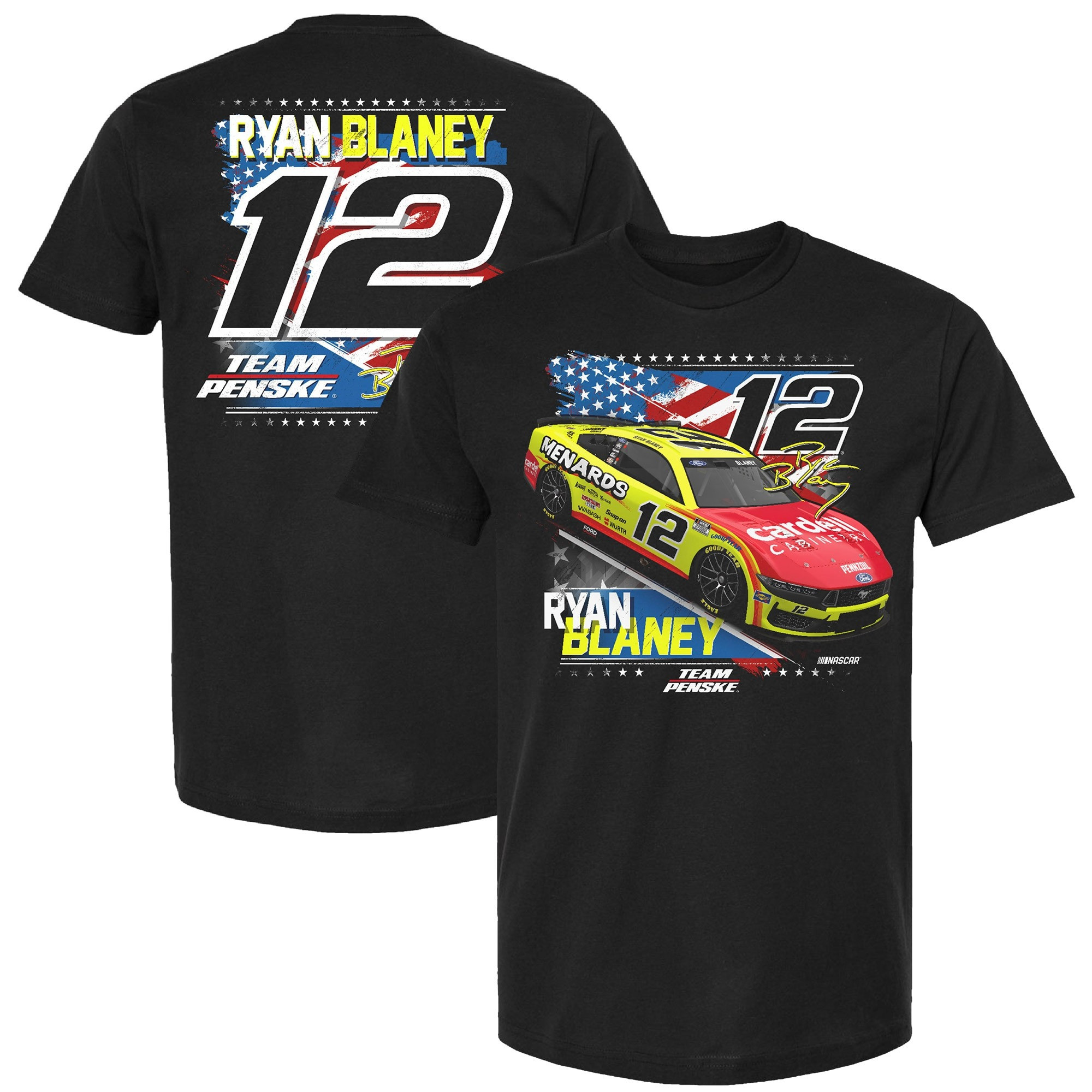 Ryan Blaney Merch Team Penske Black Ryan Blaney Menards Patriotic Car T-Shirt Gifts For Dad-1