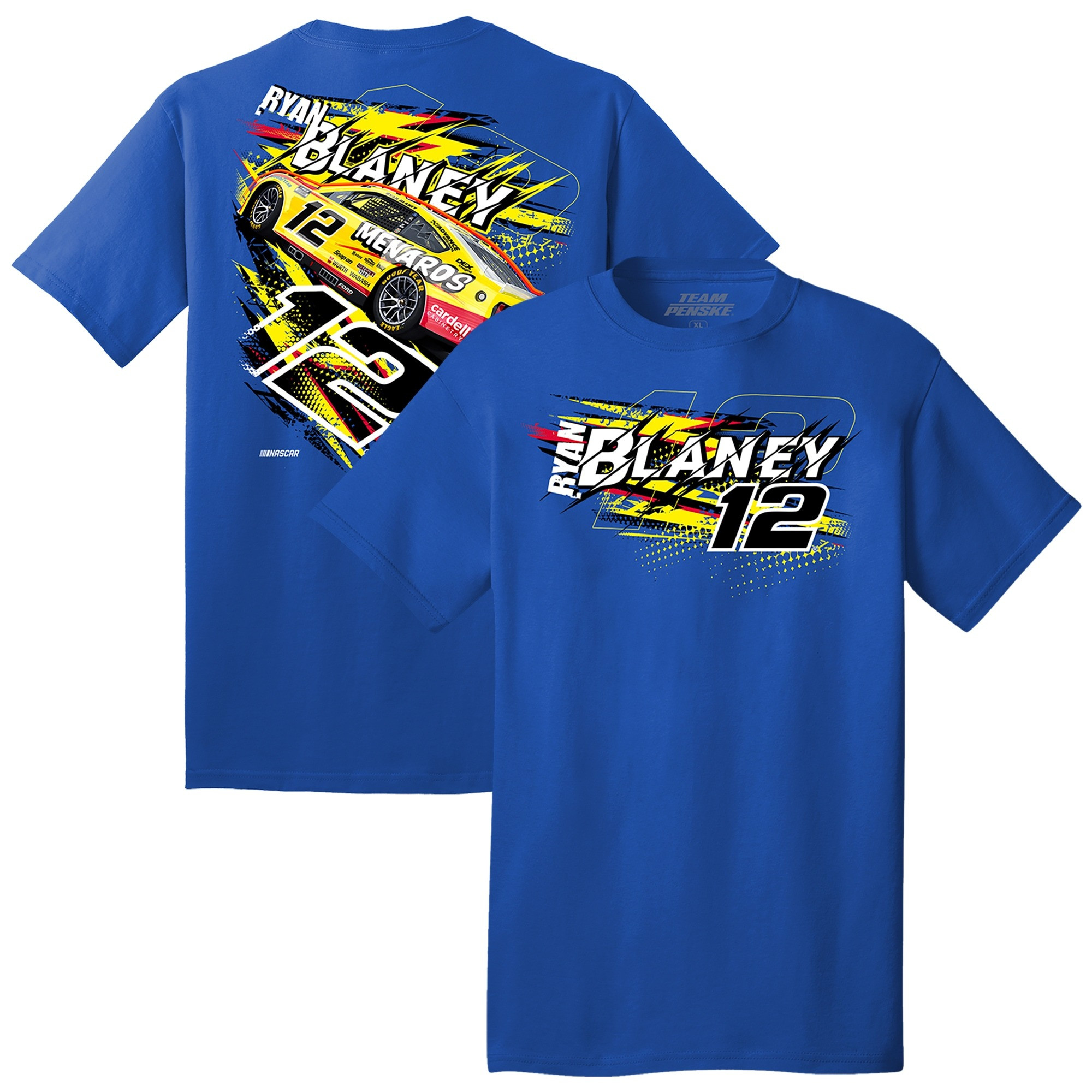 Ryan Blaney Merch Team Penske Royal Ryan Blaney Menards Cardell Number 12 Car T-Shirt-1