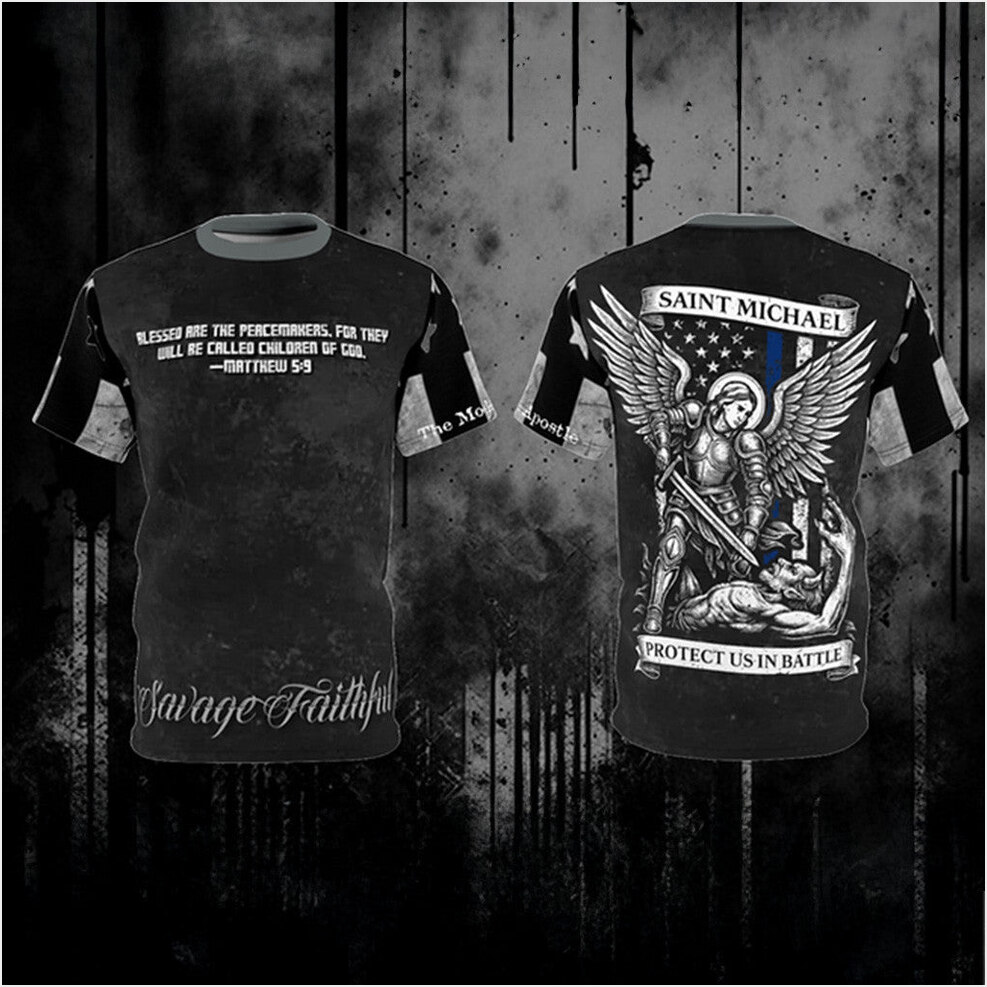 Savage Faithful St Michael Blue Line Police T-Shirt Patriotic Apparel Gifts For Police-1